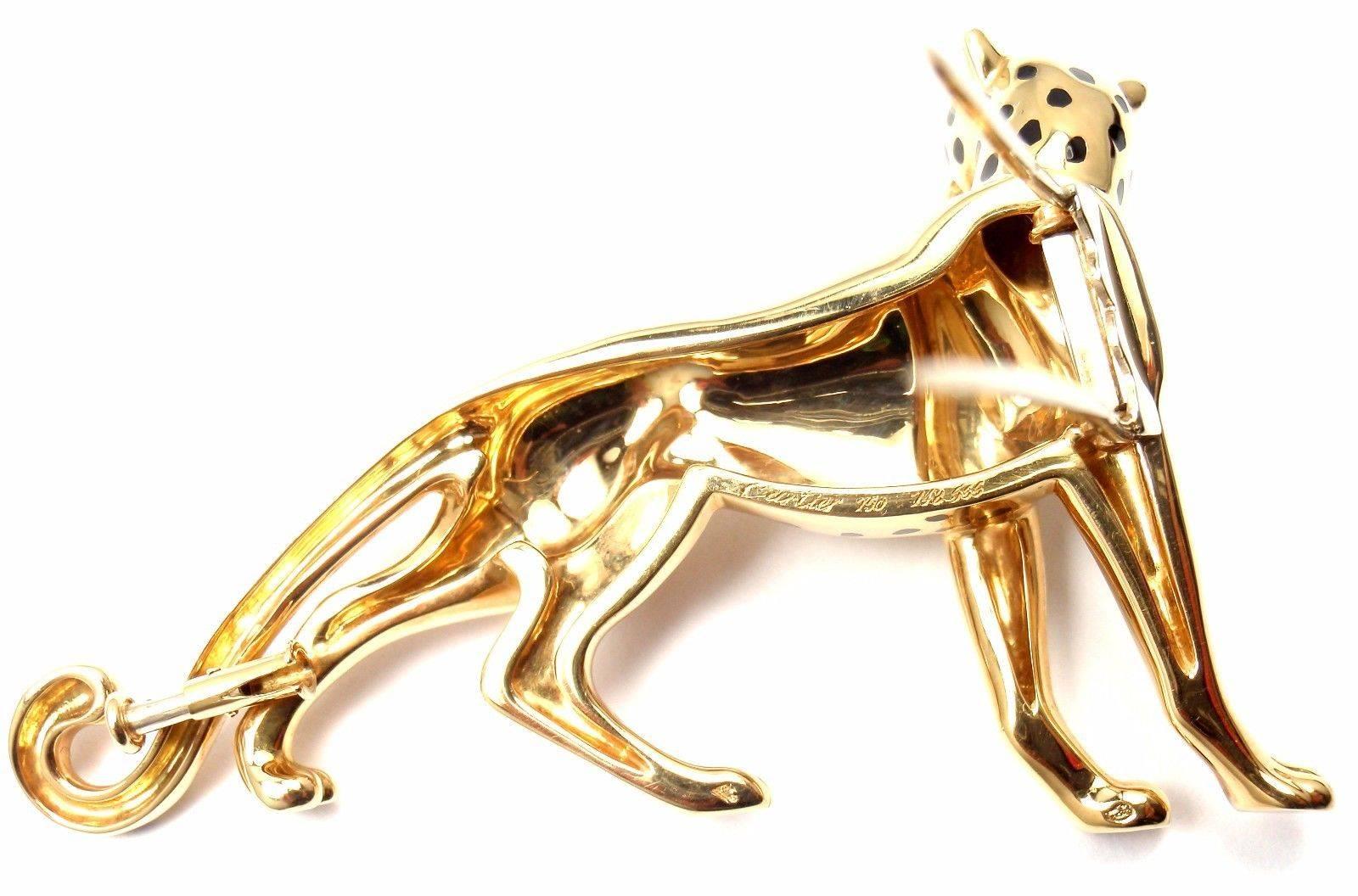 Cartier Panther Panthere Onyx Emerald Yellow Gold Large Pin Brooch 2