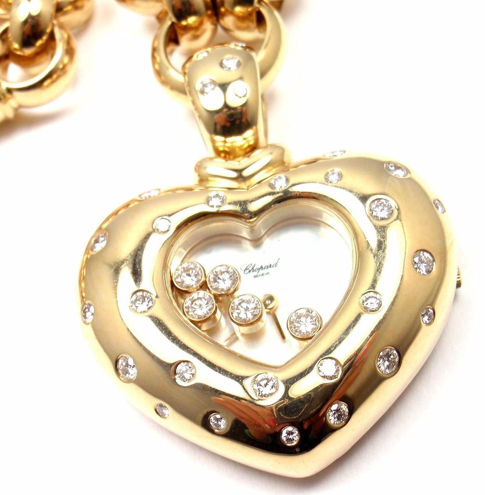 18k Yellow Gold Diamond Happy Diamonds Heart Shape Watch Pendant Necklace by Chopard.  
With 34 Round Brilliant Cut Diamonds = VVS1 clarity, E color total weight approx. 2ct

Details:  
Length: 32