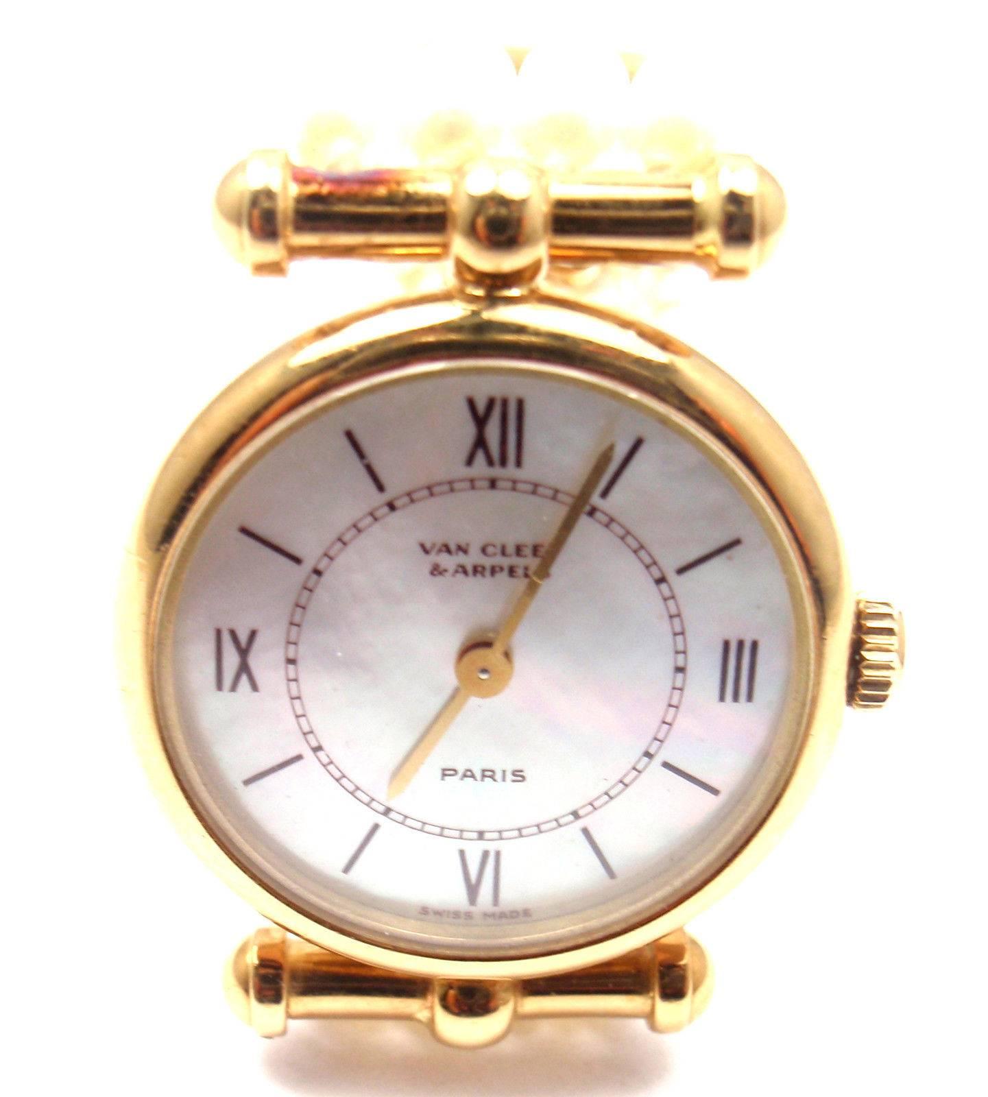 18k Yellow Gold Seed Pearl Bracelet Ladies Watch by Van Cleef & Arpels. 
With 4 rows seed round pearls 3mm each 
Details:  
Watch Dial: Mother Of Pearl
Crystal: Anti-glare Sapphire  
Weight: 18.9 grams
Length: 6" 
Case Size: 22mm
Movement: