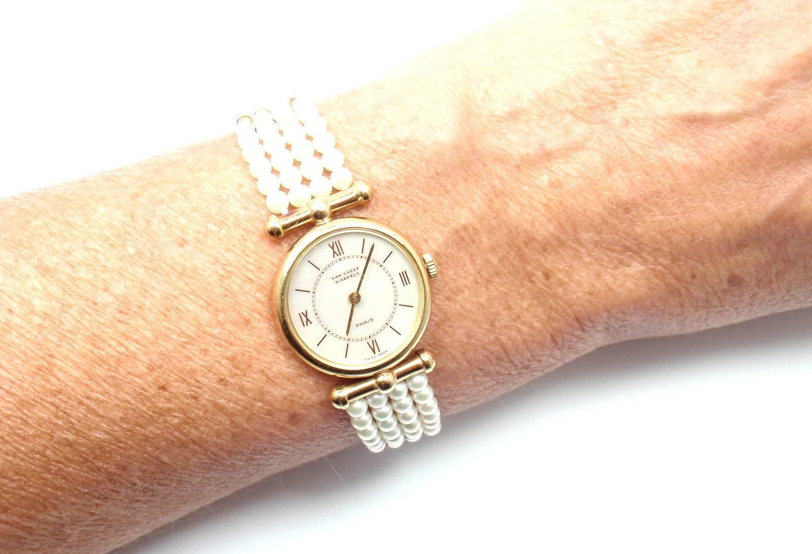 Van Cleef & Arpels Ladies Yellow Gold Seed Pearl Bracelet Quartz Wristwatch 2