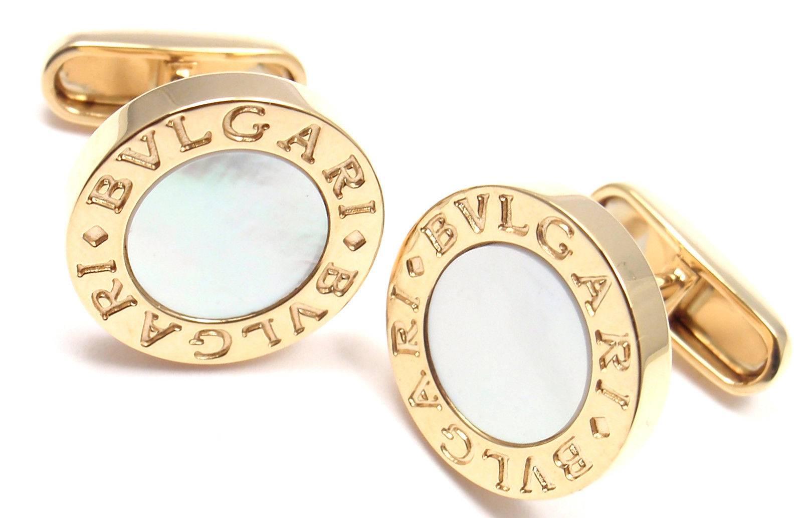 Women's or Men's Bulgari Mother Of Pearl Yellow Gold Cufflinks For Sale