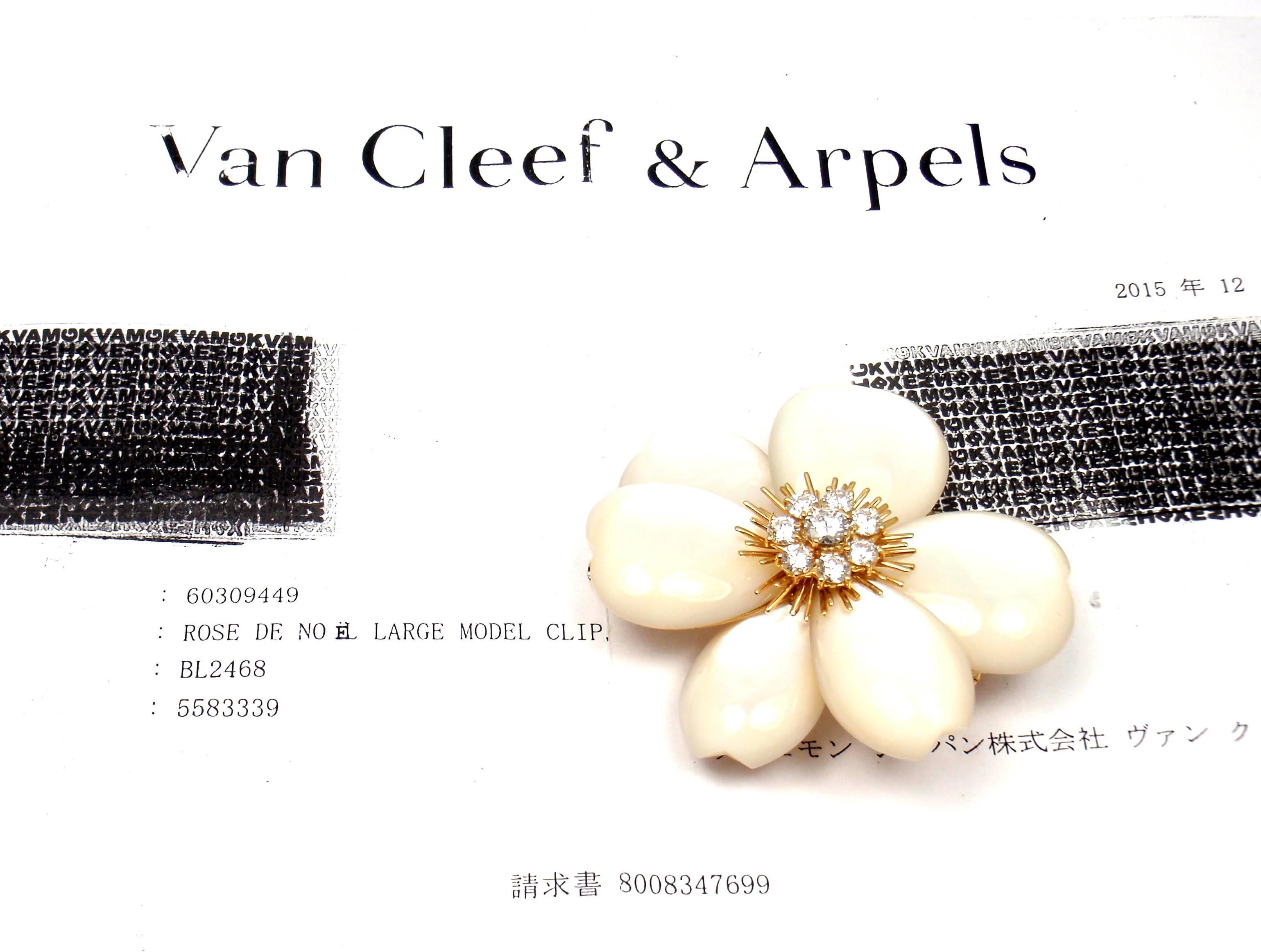 18k Yellow Gold Rose de Noel Diamond Mother Of Pearl Flower Brooch by Van Cleef & Arpels.
This is a large model Rose de Noel brooch.
This brooch comes with Van Cleef & Arpels service paper.
With 8 round brilliant cut diamonds VVS1 clarity, E color