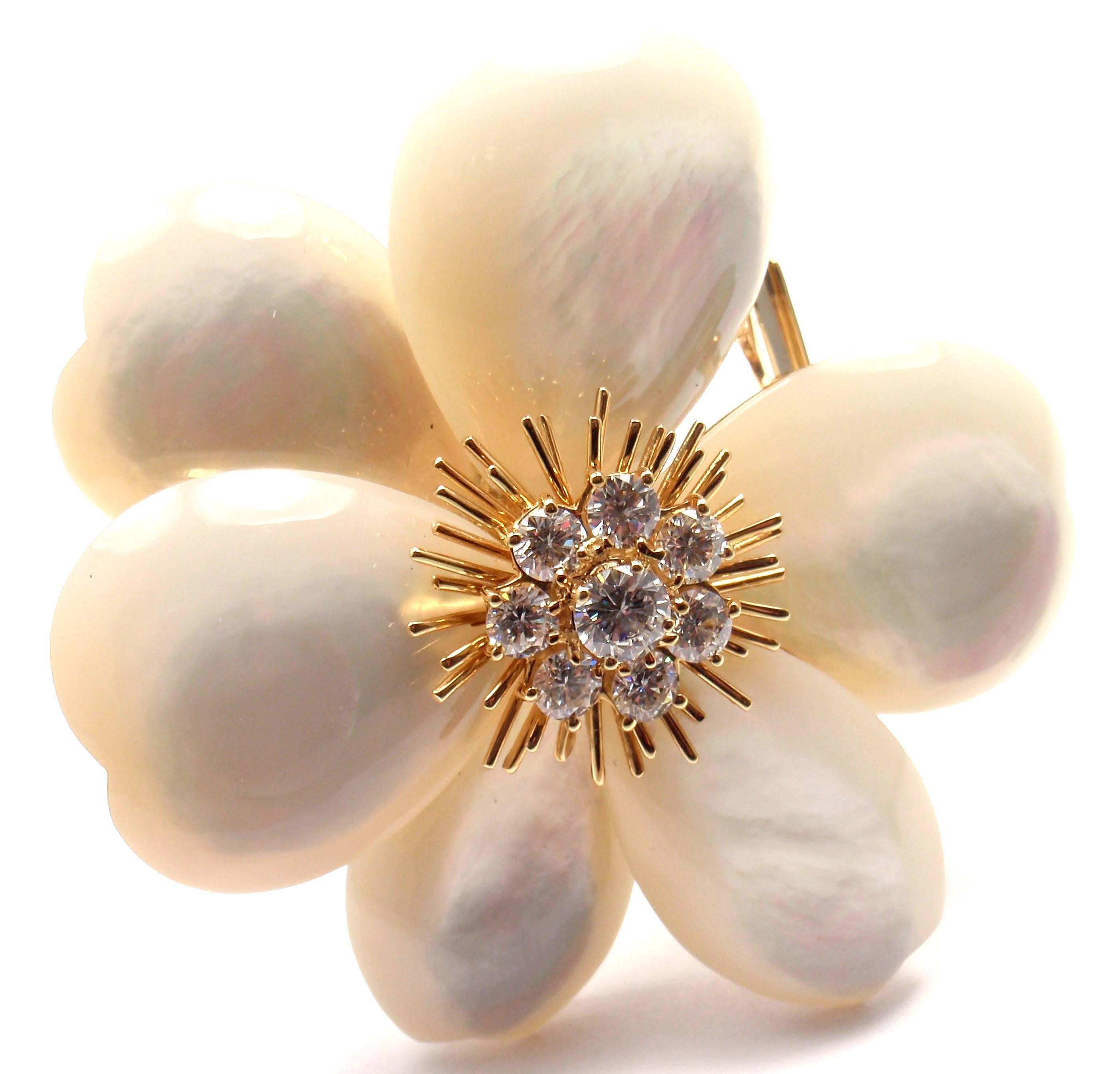 Van Cleef & Arpels Rose de Noel Diamond Mother Of Pearl Large Yellow Gold Brooch 2