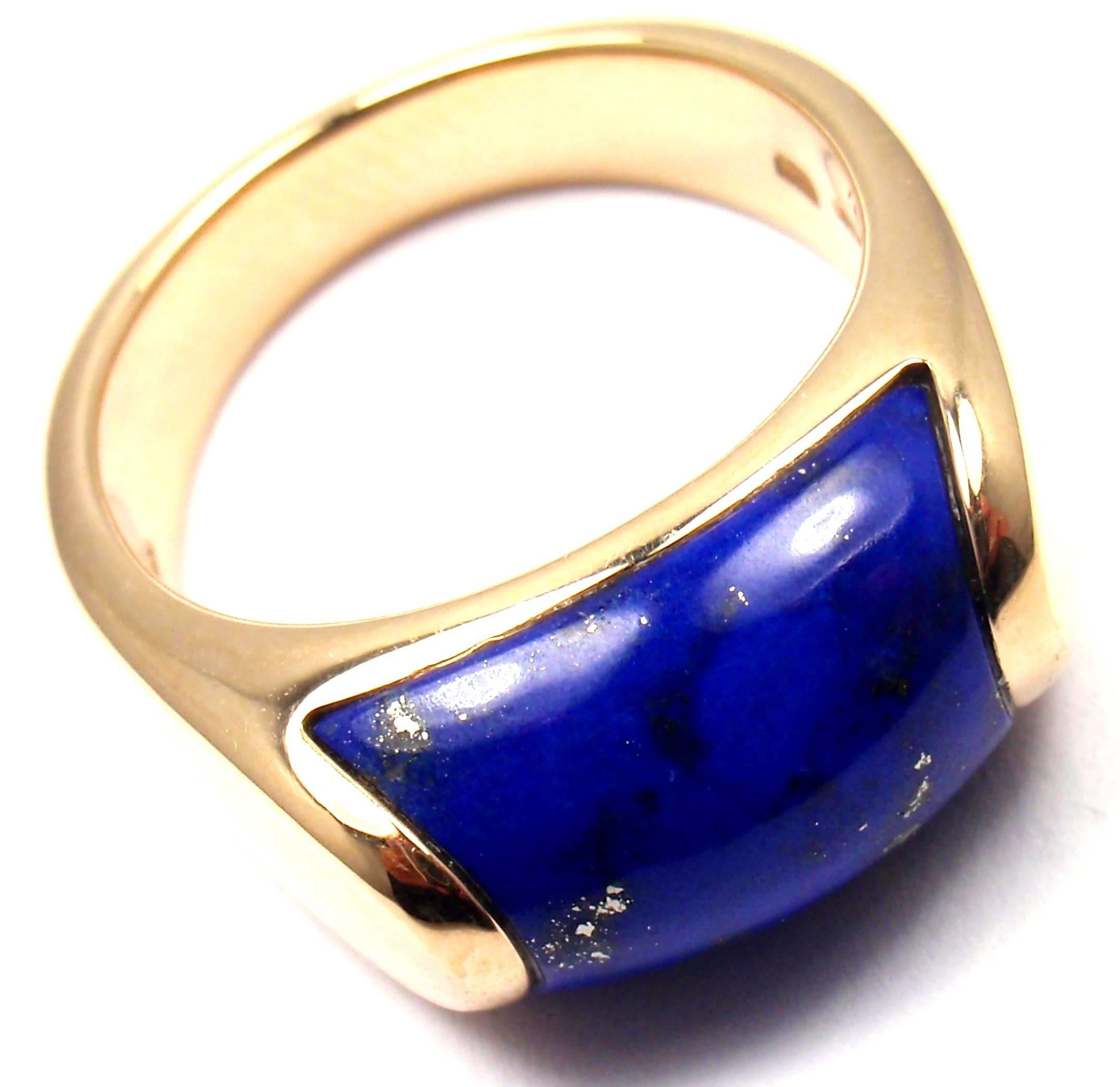 18k Yellow Gold Gold Lapis Lazuli Band Ring by Bulgari. 
With 1 Lapis Lasuli
Stone approx. 9mm x 12.5mm

Details: 
Ring Size: 6 (resize available)
Width: 9mm
Weight: 9.4 grams
Stamped Hallmarks: Bvlgari, 750, Made In Italy
*Free Shipping within the