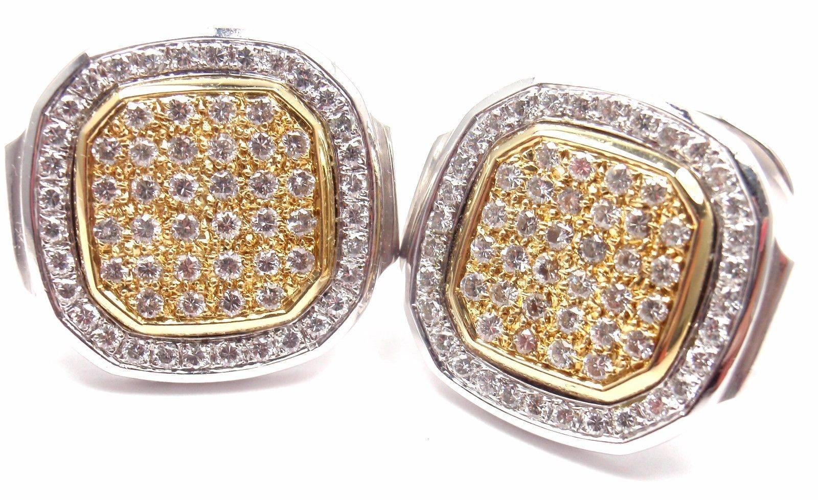 18k Yellow And Gold Diamond Nautilus Cufflinks by Patek Philippe.
With 128 round brilliant cut diamonds VVS1 clarity E color total weight approx. 3ct

Details:
Measurements: 22mm x 20mm x 23mm
Weight: 32.8 grams
Stamped Hallmarks: Patek Philippe