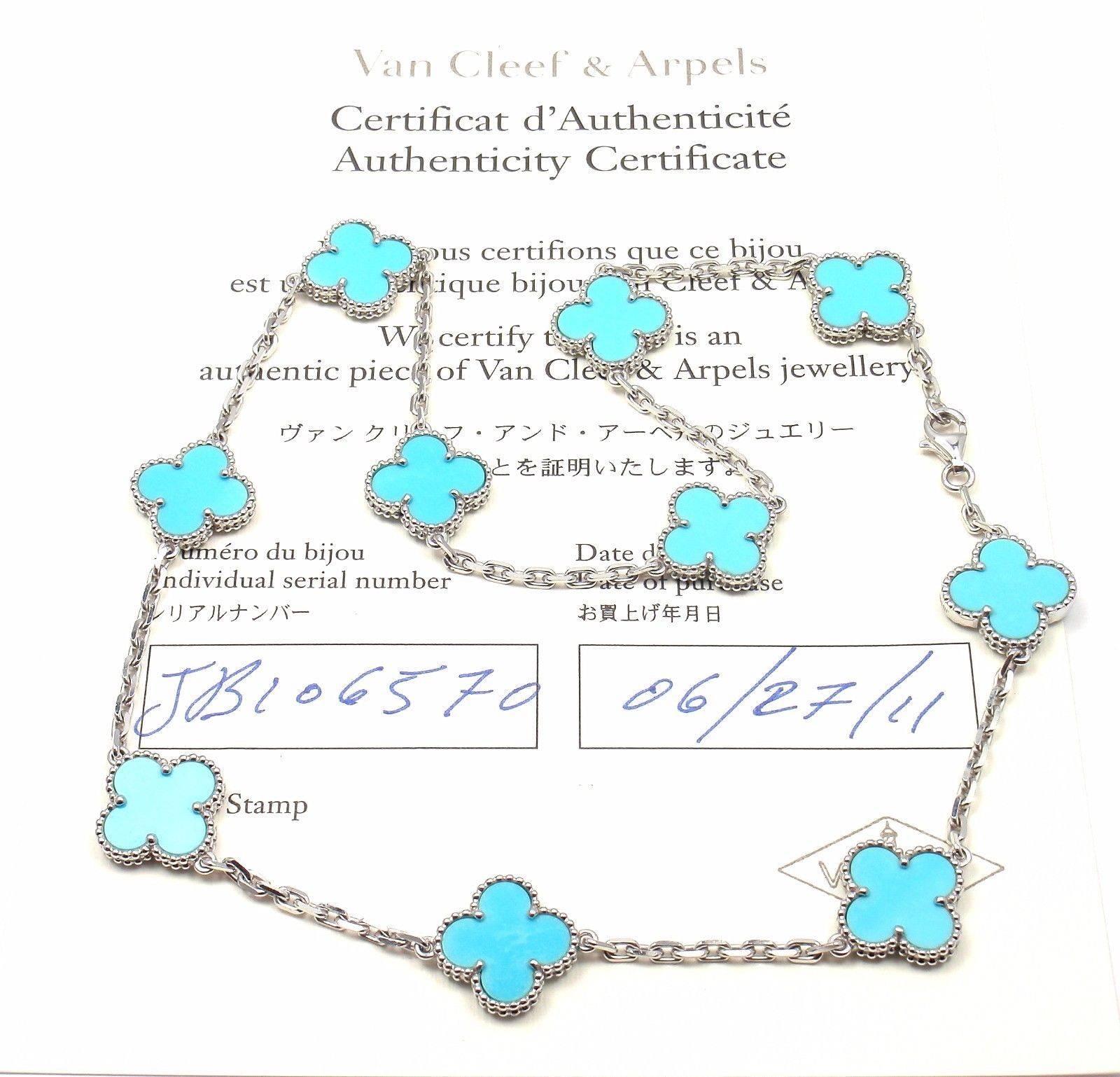 18k White Gold Alhambra 10 Motifs Turquoise Necklace by Van Cleef & Arpels. 
This necklace comes with VCA certificate.
With 10 motifs of turquoise alhambra stones 15mm each

Details: 
Length: 16.75"
Width: 15mm
Weight: 23.6 grams
Stamped