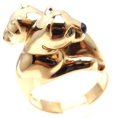 Cartier Double Panther Panthere Emerald Black Onyx Yellow Gold Band Ring