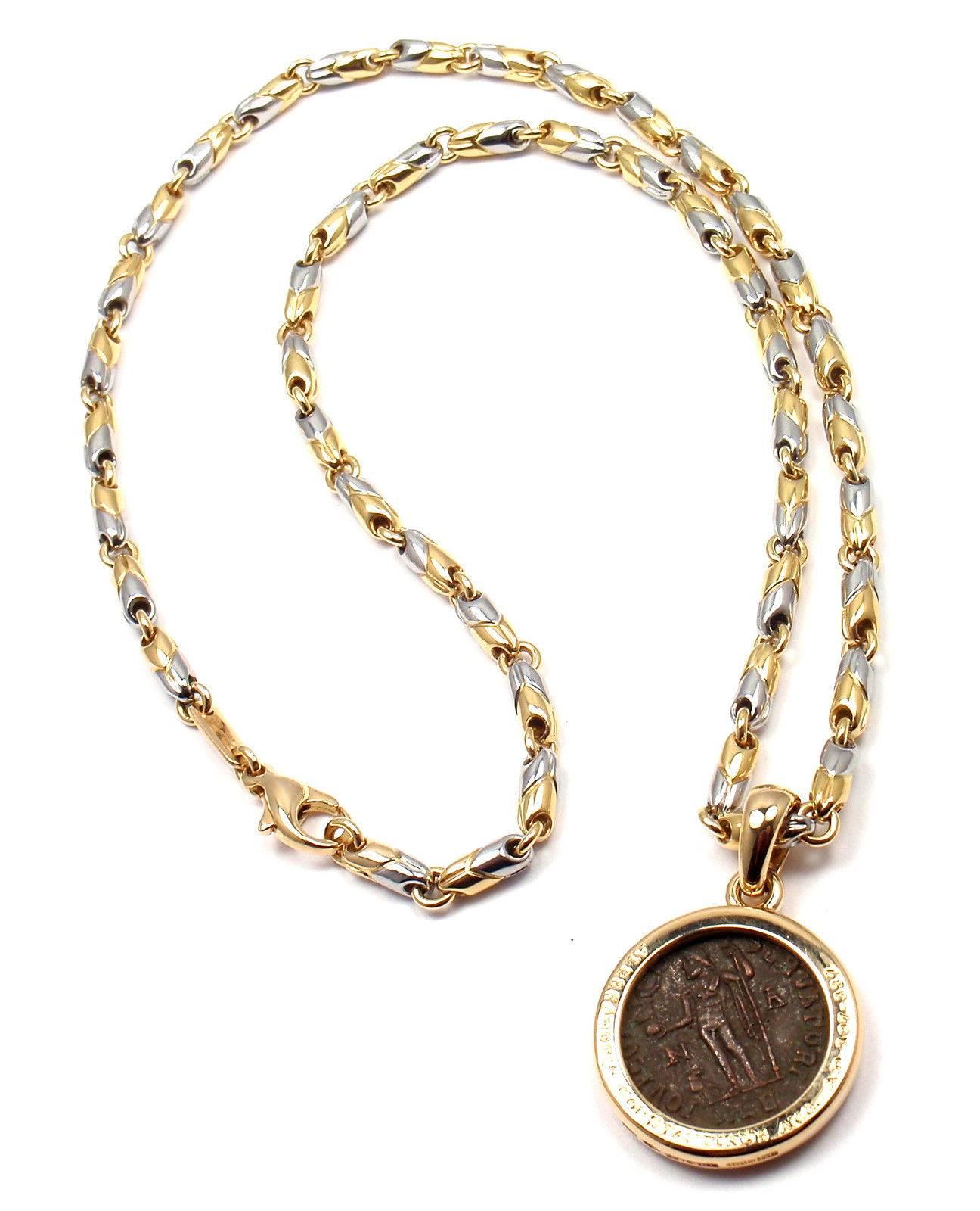 18k yellow gold and stainless steel ancient Roman coin, link chain necklace by Bulgari.
With 1 Ancient Coin Alessandria Constantinus AUG A.D. 307-337 23mm without the bail  

Details:
Length: 20