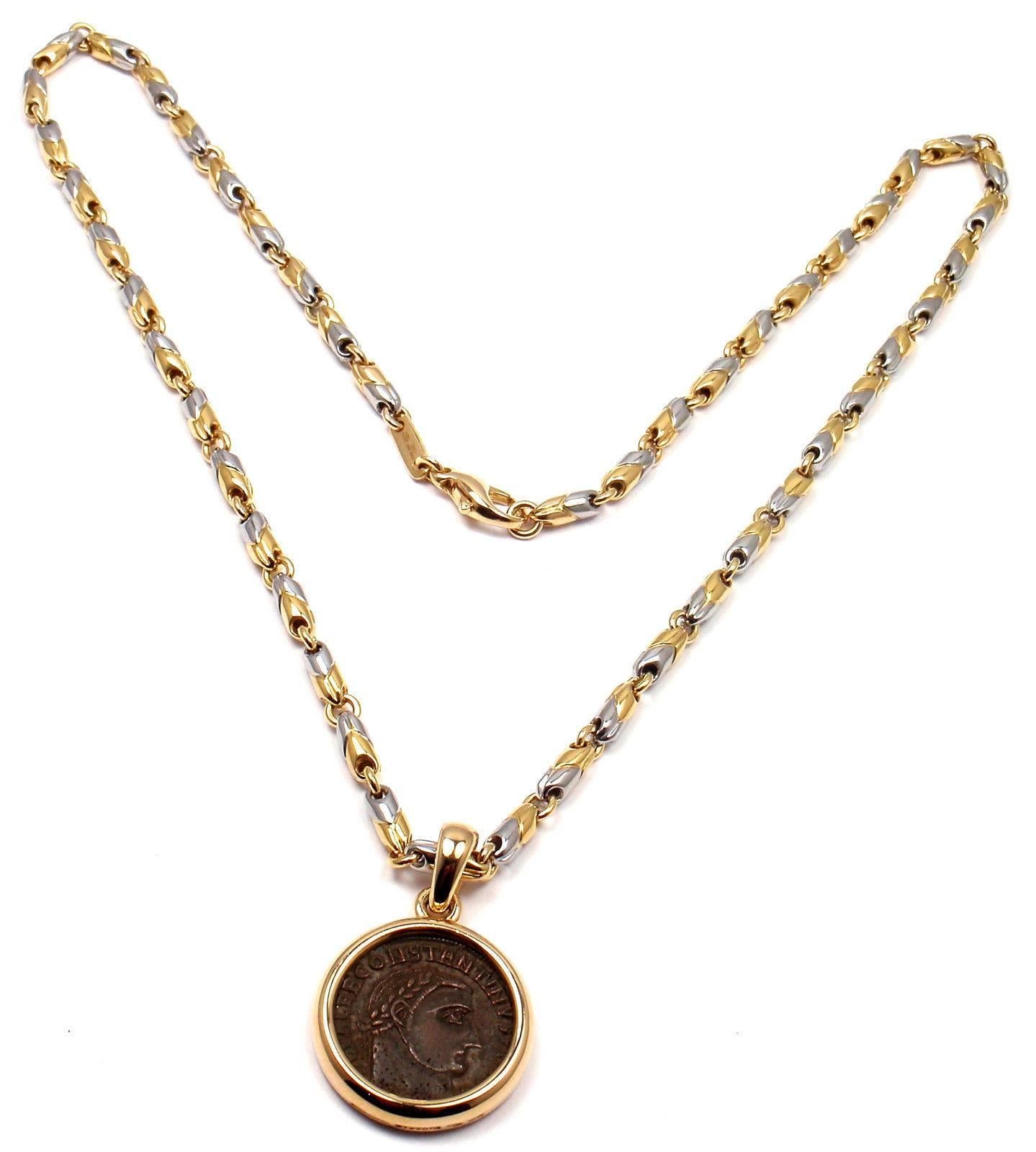 Bulgari Ancient Roman Coin Pendant Yellow Gold And Stainless Steel Link Necklace 1