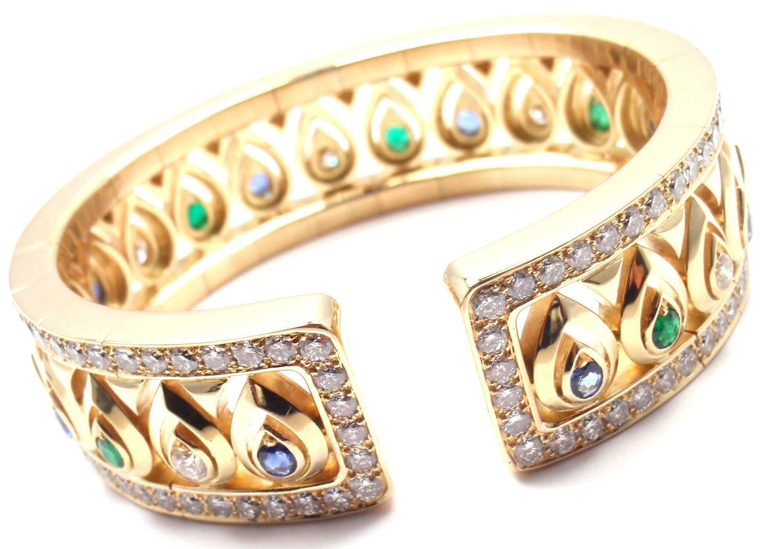 Women's or Men's Cartier Diamond Sapphire Emerald Yellow Gold Cuff Bangle Bracelet