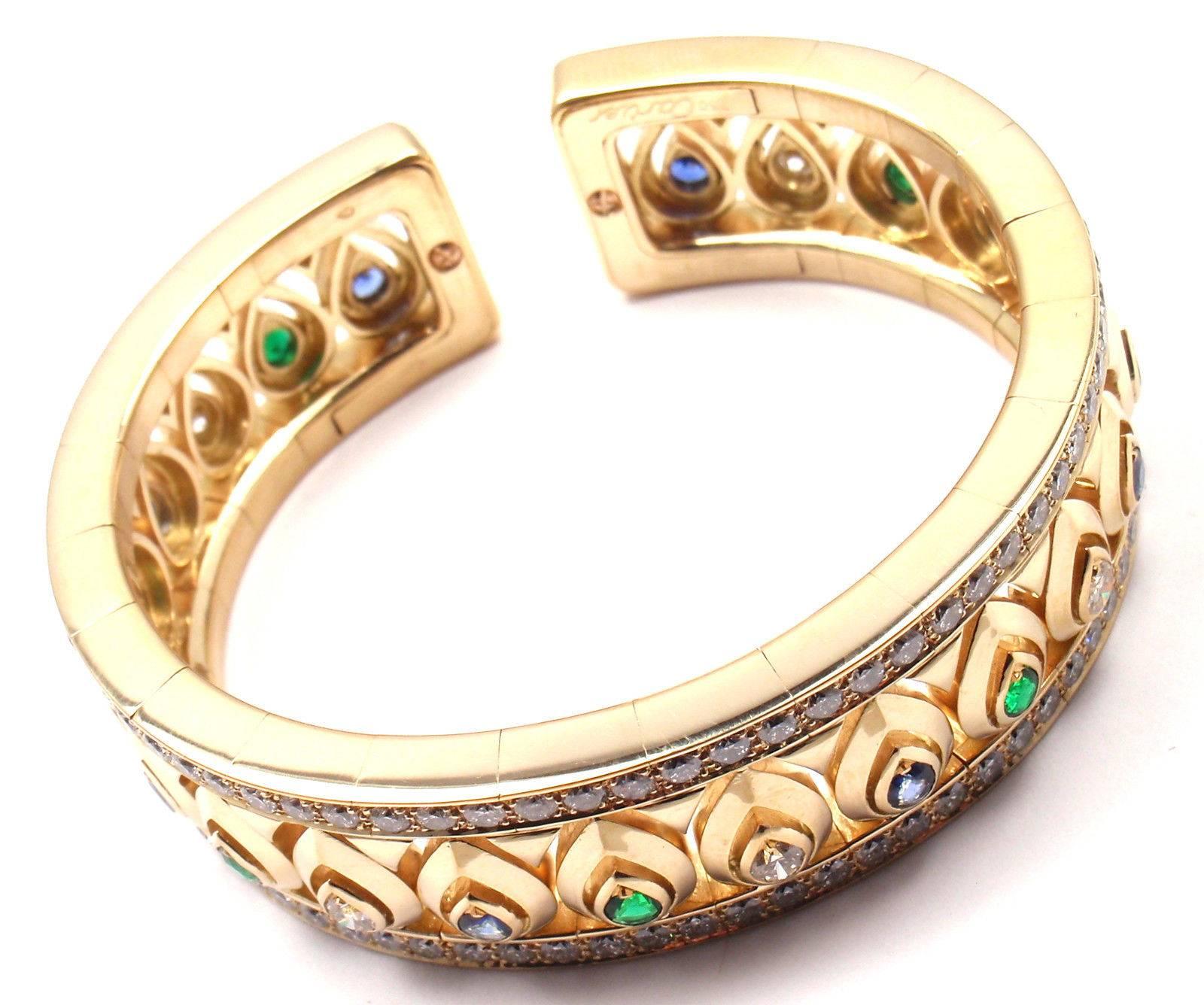 Cartier Diamond Sapphire Emerald Yellow Gold Cuff Bangle Bracelet 1