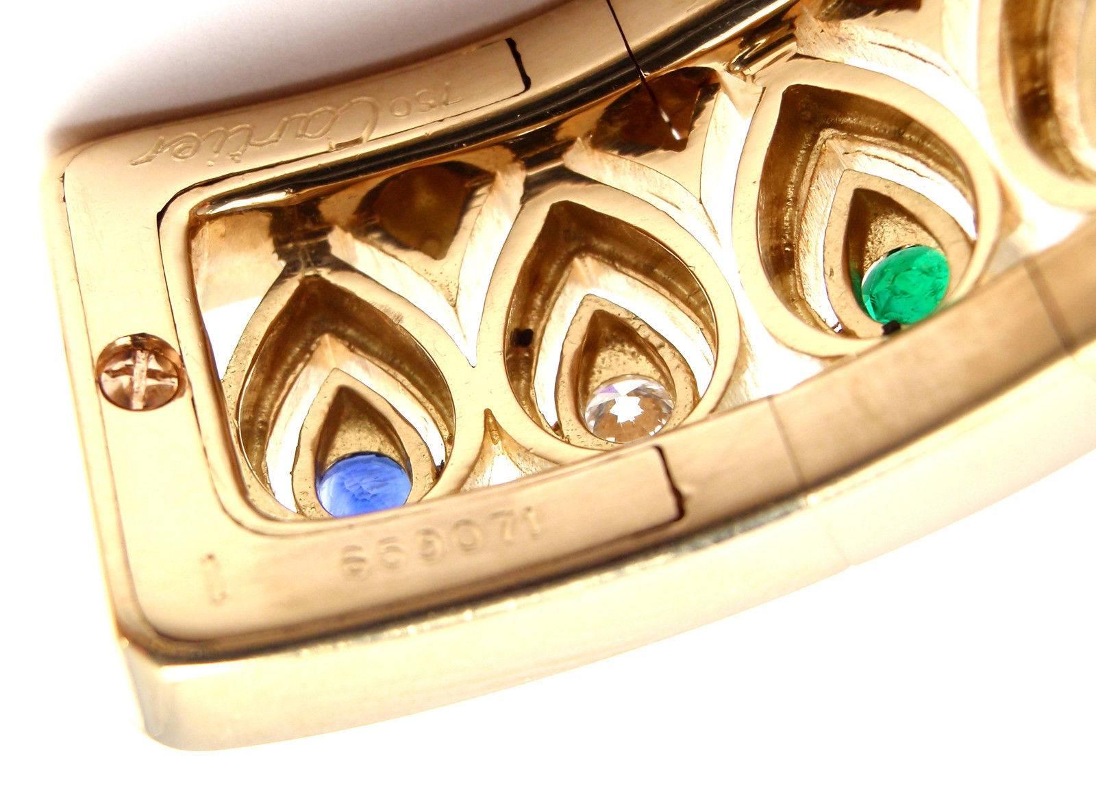 Cartier Diamond Sapphire Emerald Yellow Gold Cuff Bangle Bracelet 2