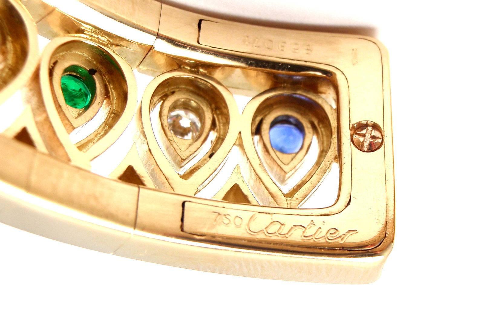 Cartier Diamond Sapphire Emerald Yellow Gold Cuff Bangle Bracelet 3
