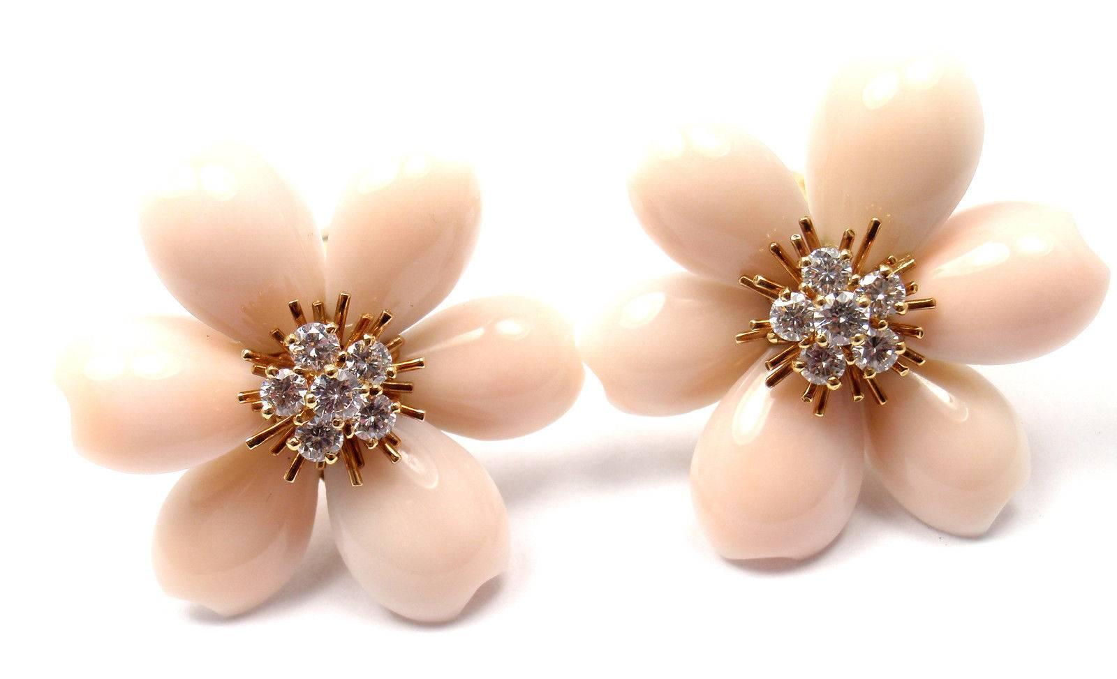 Women's or Men's Van Cleef & Arpels Rose de Noel Diamond Angel Skin Coral Yellow Gold Earrings