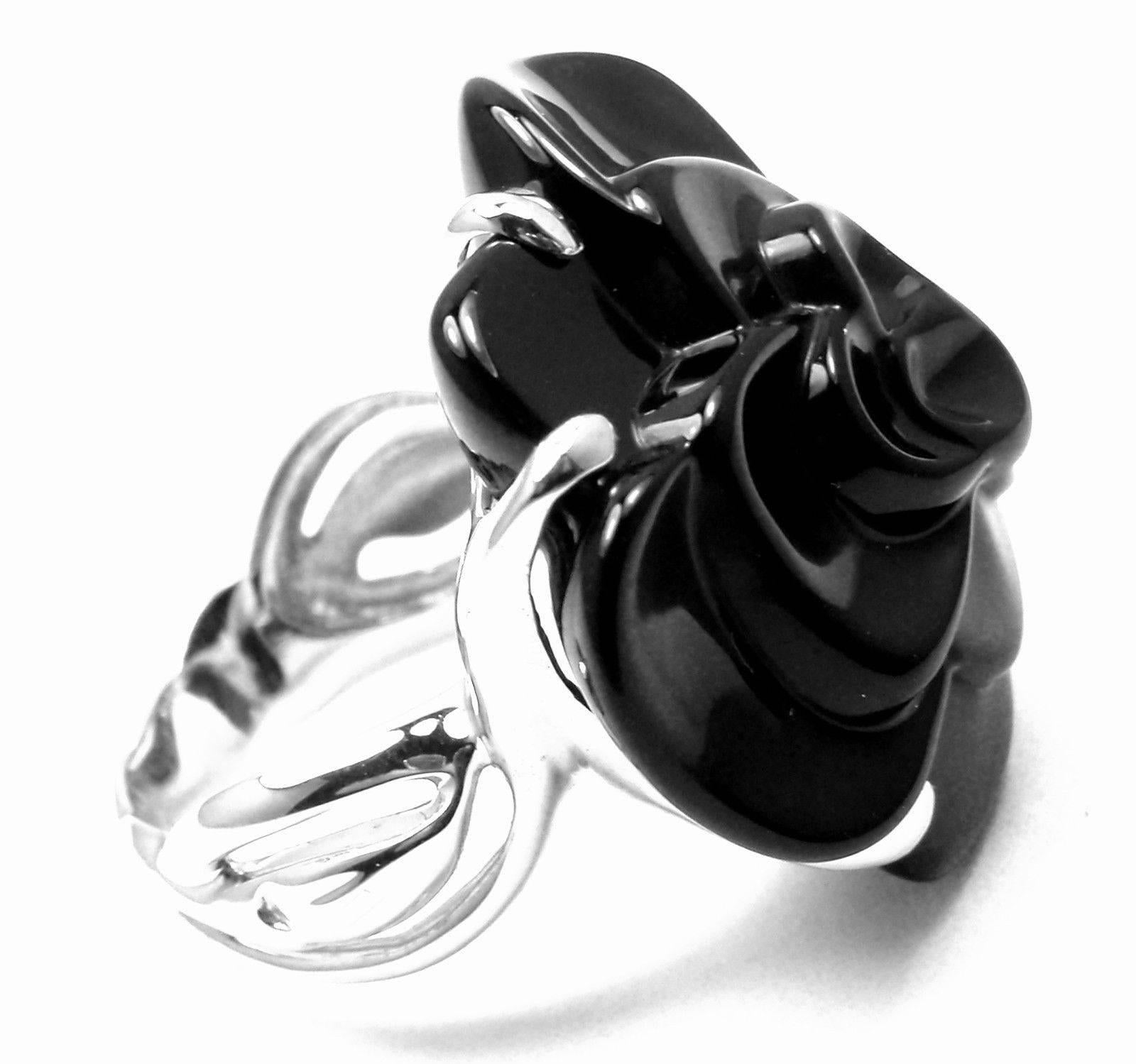Chanel Camelia Camellia Flower Black Agate Medium White Gold Ring In New Condition In Holland, PA