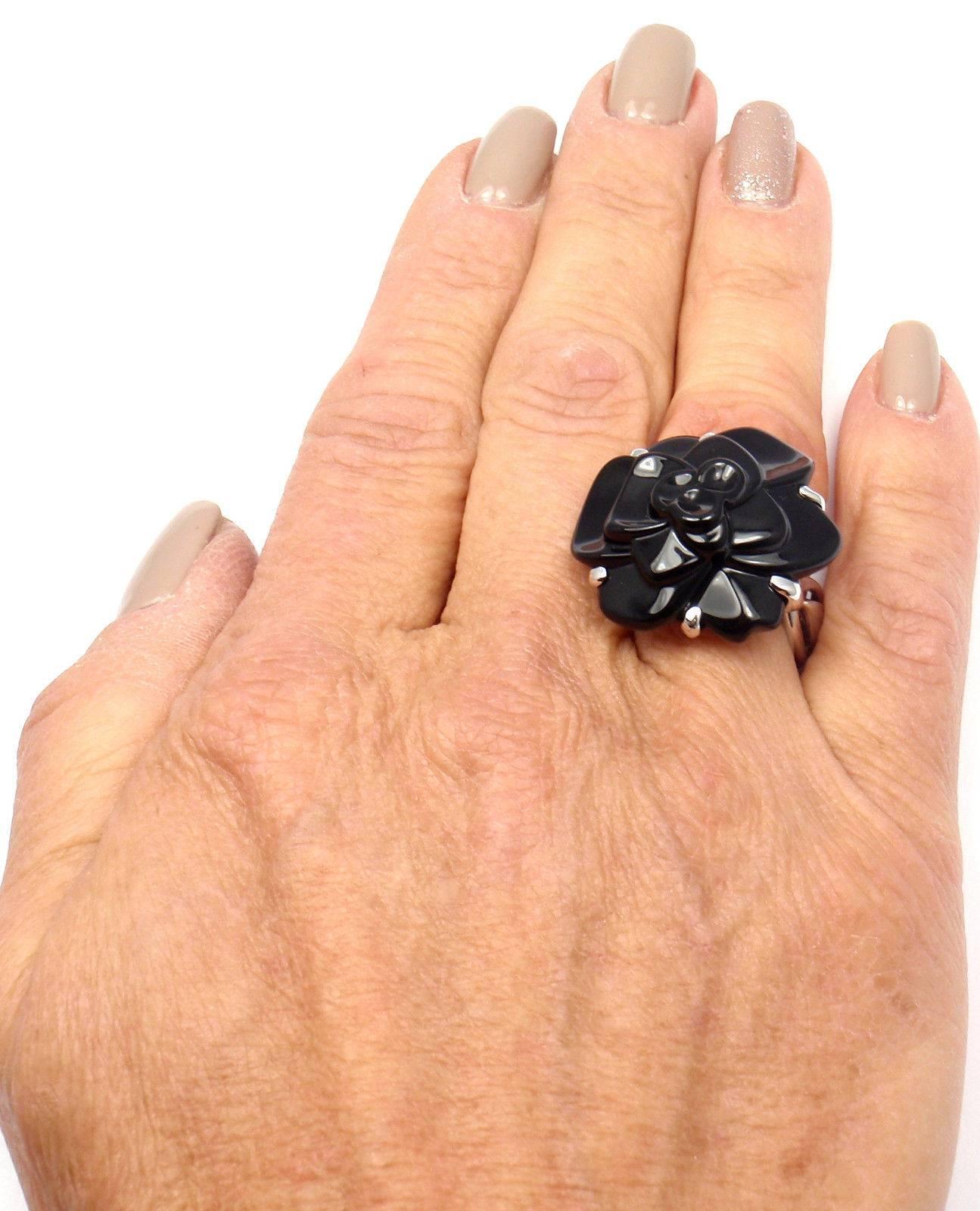 Chanel Camelia Camellia Flower Black Agate Medium White Gold Ring 5