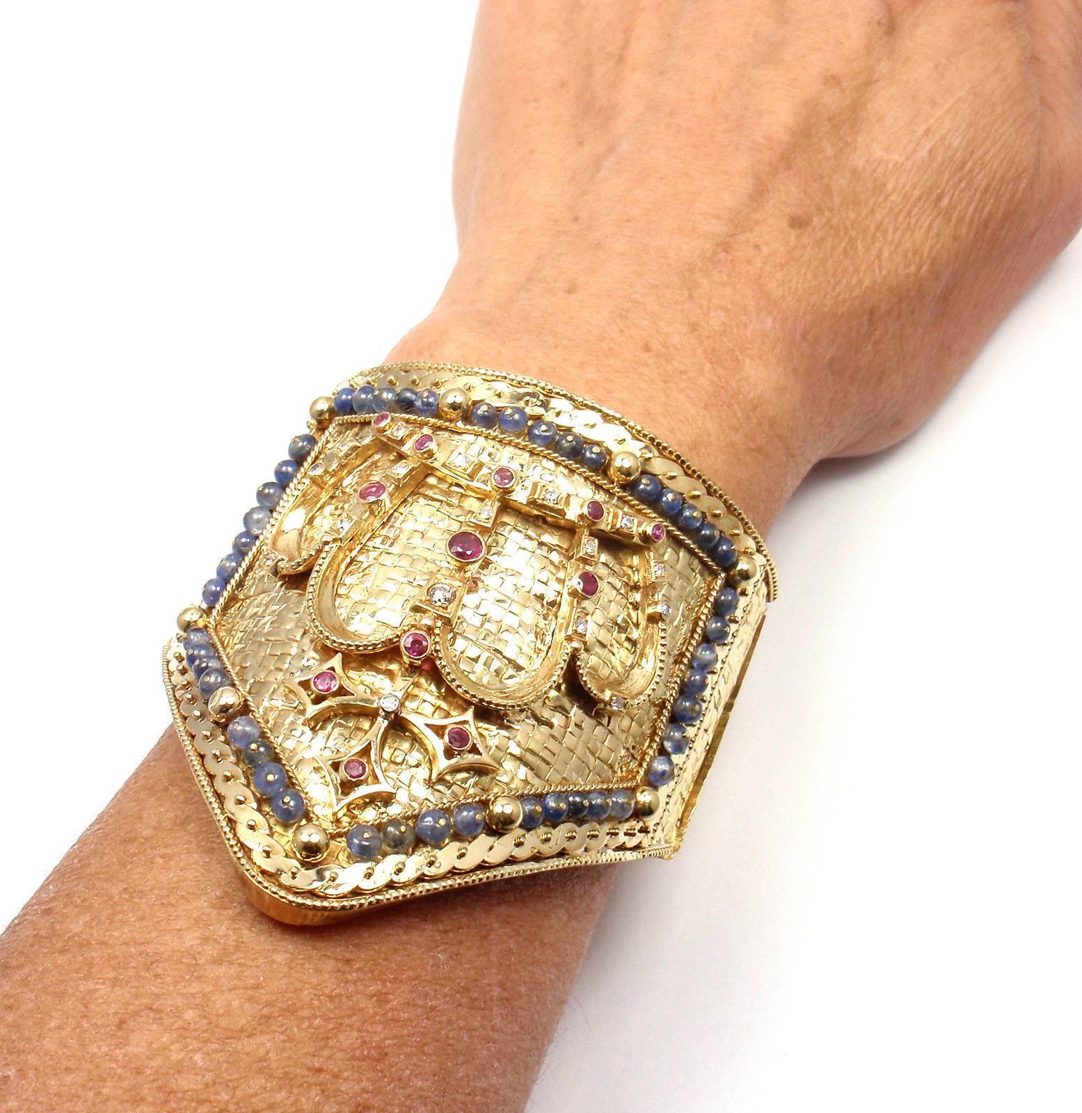 Ilias Lalaounis Greece Diamond Ruby Sapphire Wide Yellow Gold Bangle Bracelet 5