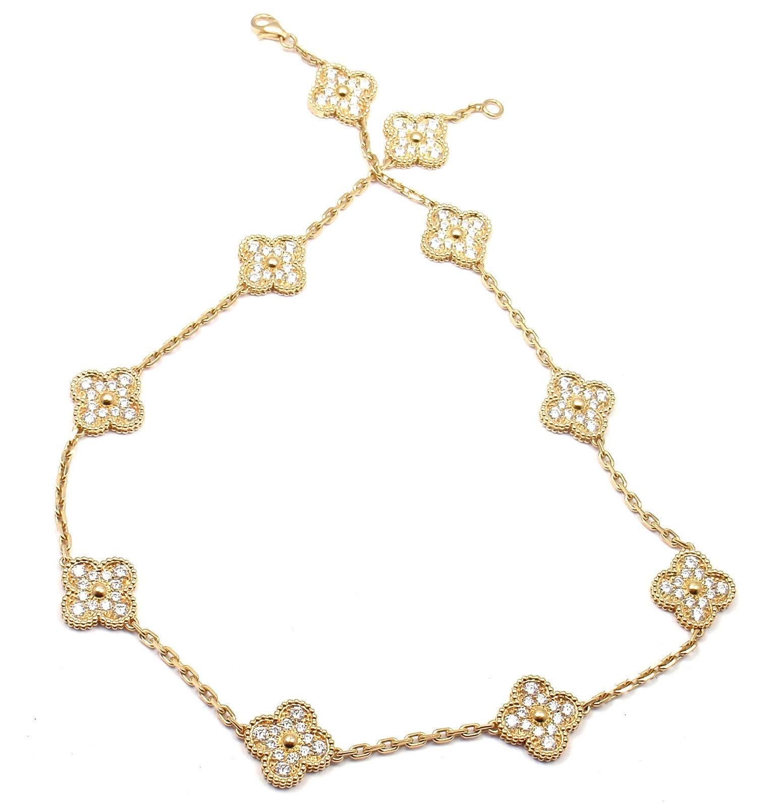 18k Yellow Gold 10 Motif Diamond Vintage Alhambra Necklace by Van Cleef & Arpels. 
With 120 round brilliant cut diamonds VVS1 clarity, E color total weight appprox. 4.83ct 
This necklace comes with a certificate from Van Cleef & Arpels.
Details: