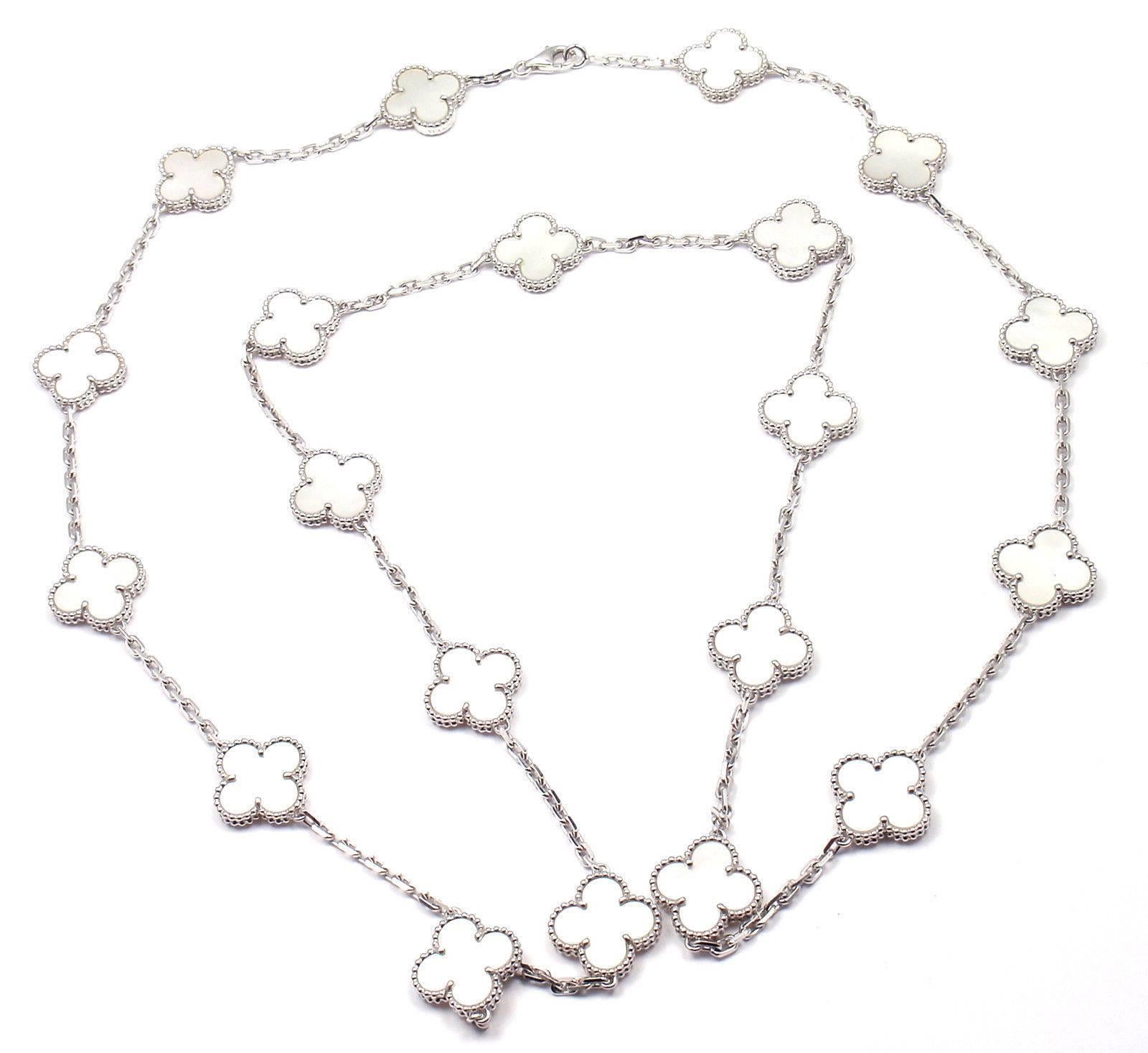 18k White Gold Alhambra 20 Motifs Mother Of Pearl Necklace by Van Cleef & Arpels. 
With 20 motifs of mother of pearl Alhambra stones 15mm each 
This necklace comes with Van Cleef & Arpels certificate.  
Details: 
Length: 33.5