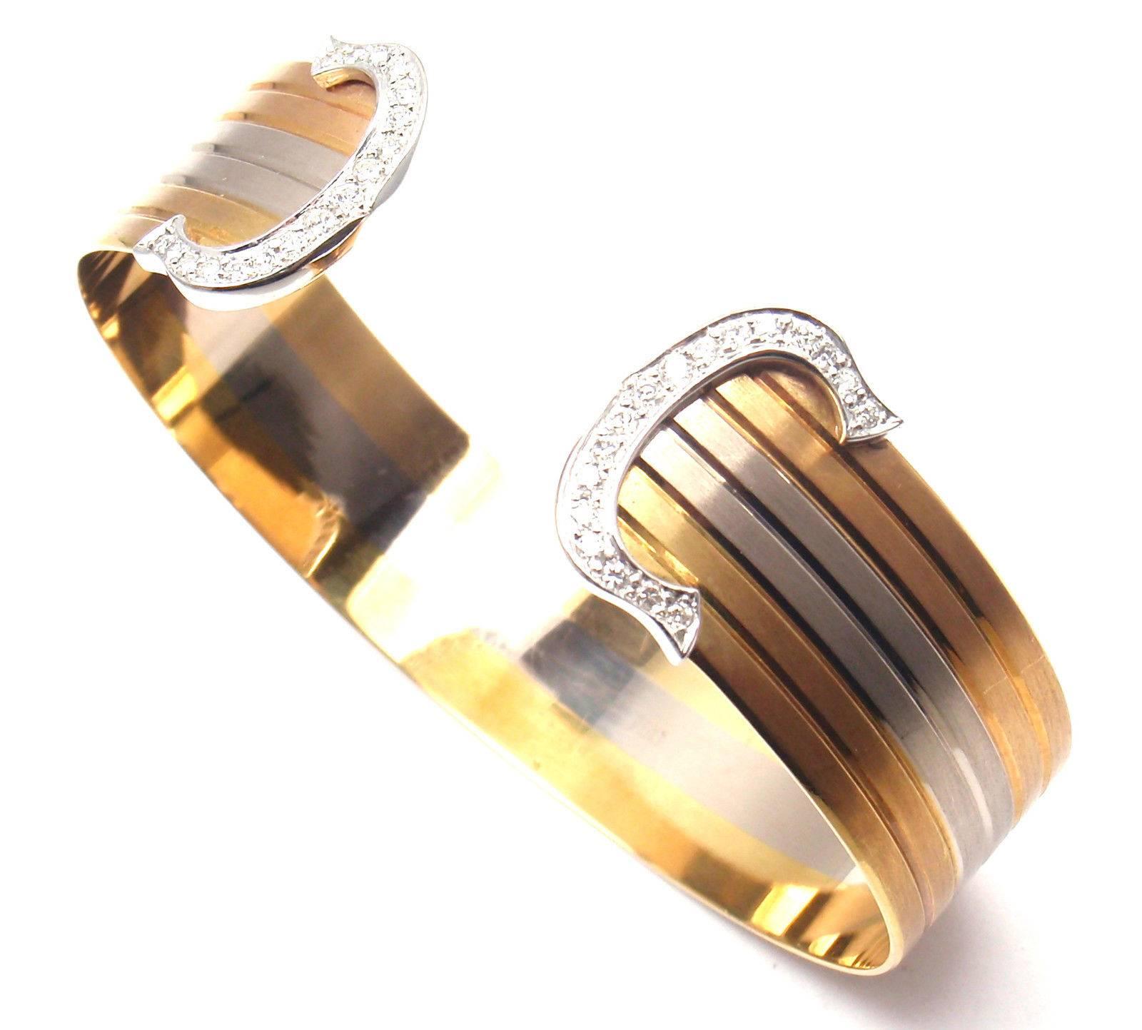 Women's or Men's Cartier Double C Diamond Tri-Color Gold Cuff Bangle Bracelet