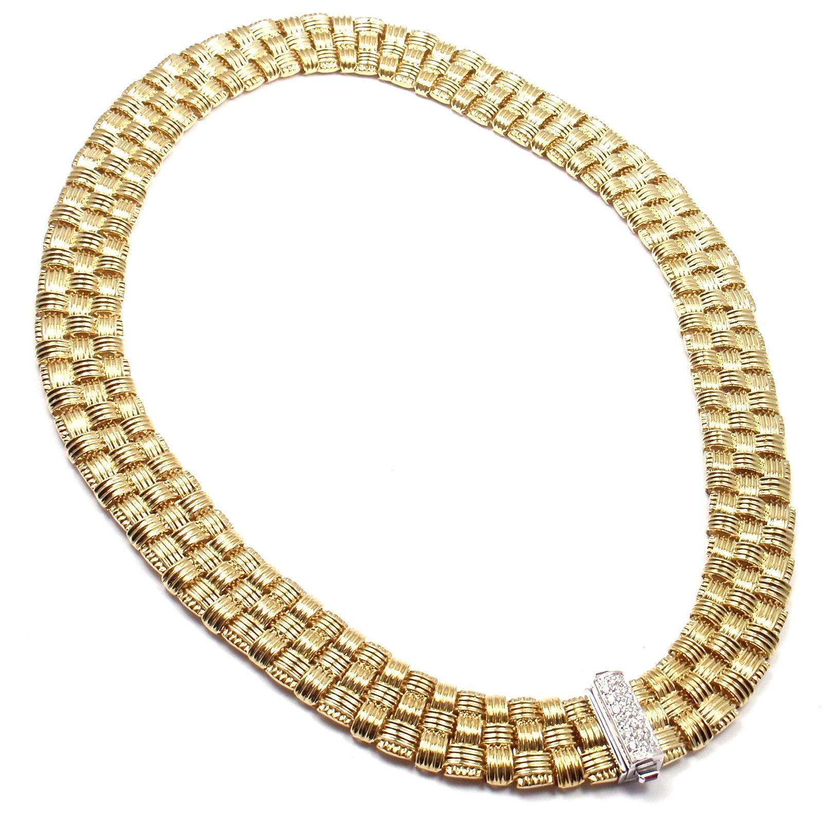 18k Yellow Gold Diamond Appassionata 3 Row Necklace by Roberto Coin.
With 19 round brilliant cut diamonds VS1 clarity, G color total weight 
approx. .22ct

Details:
Weight: 106 grams
Length: 16''
Width: 15mm
Stamped Hallmarks: Roberto Coin 1226VI