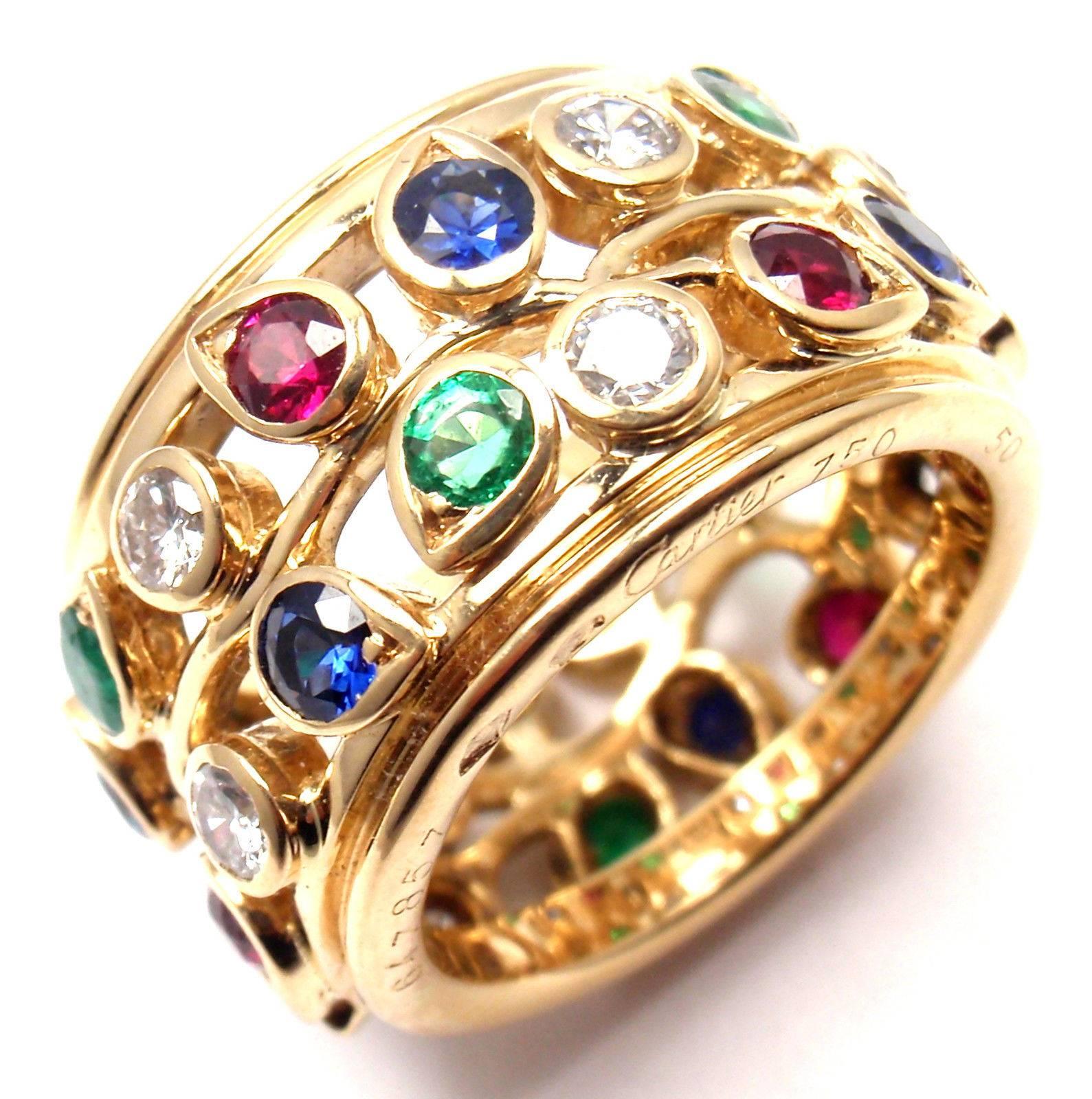 Cartier Diamond Sapphire Emerald Ruby Wide Yellow Gold Band Ring 3