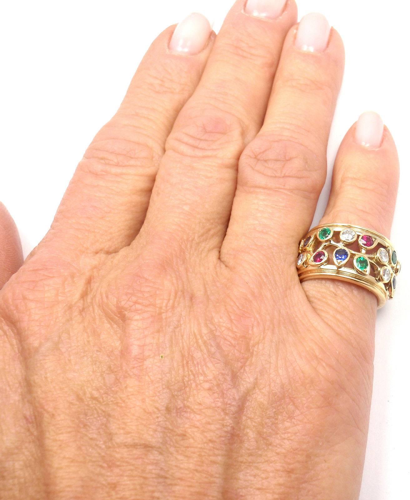 Cartier Diamond Sapphire Emerald Ruby Wide Yellow Gold Band Ring 2