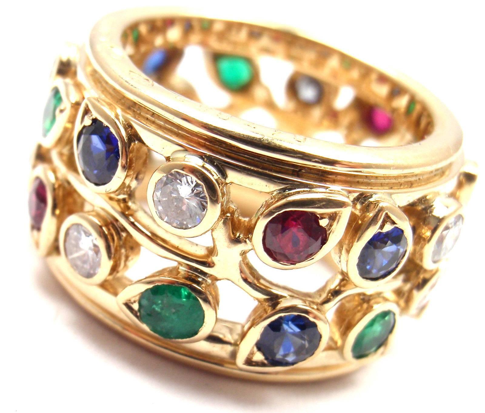 Cartier Diamond Sapphire Emerald Ruby Wide Yellow Gold Band Ring In New Condition In Southampton, PA