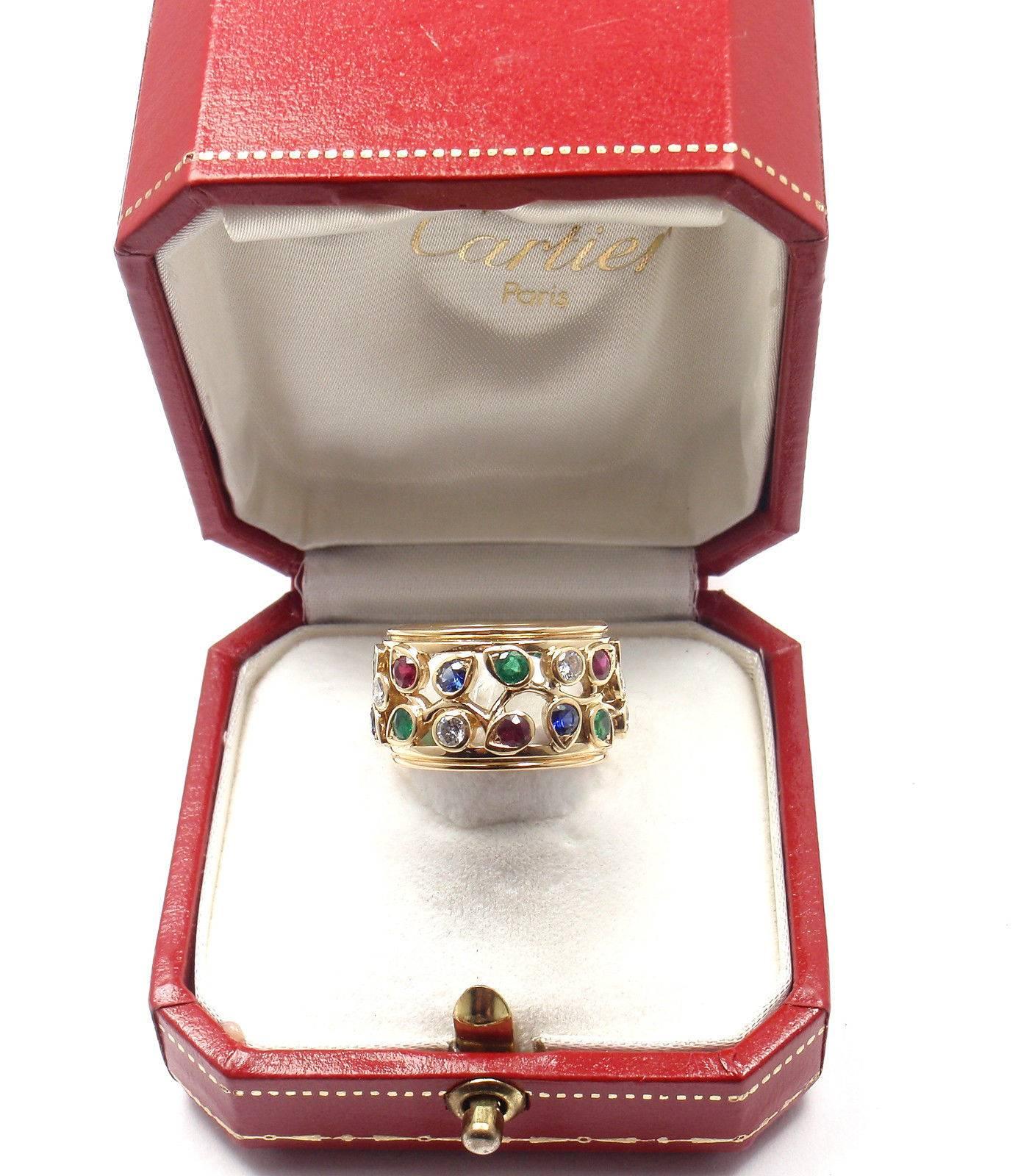 Cartier Diamond Sapphire Emerald Ruby Wide Yellow Gold Band Ring 4