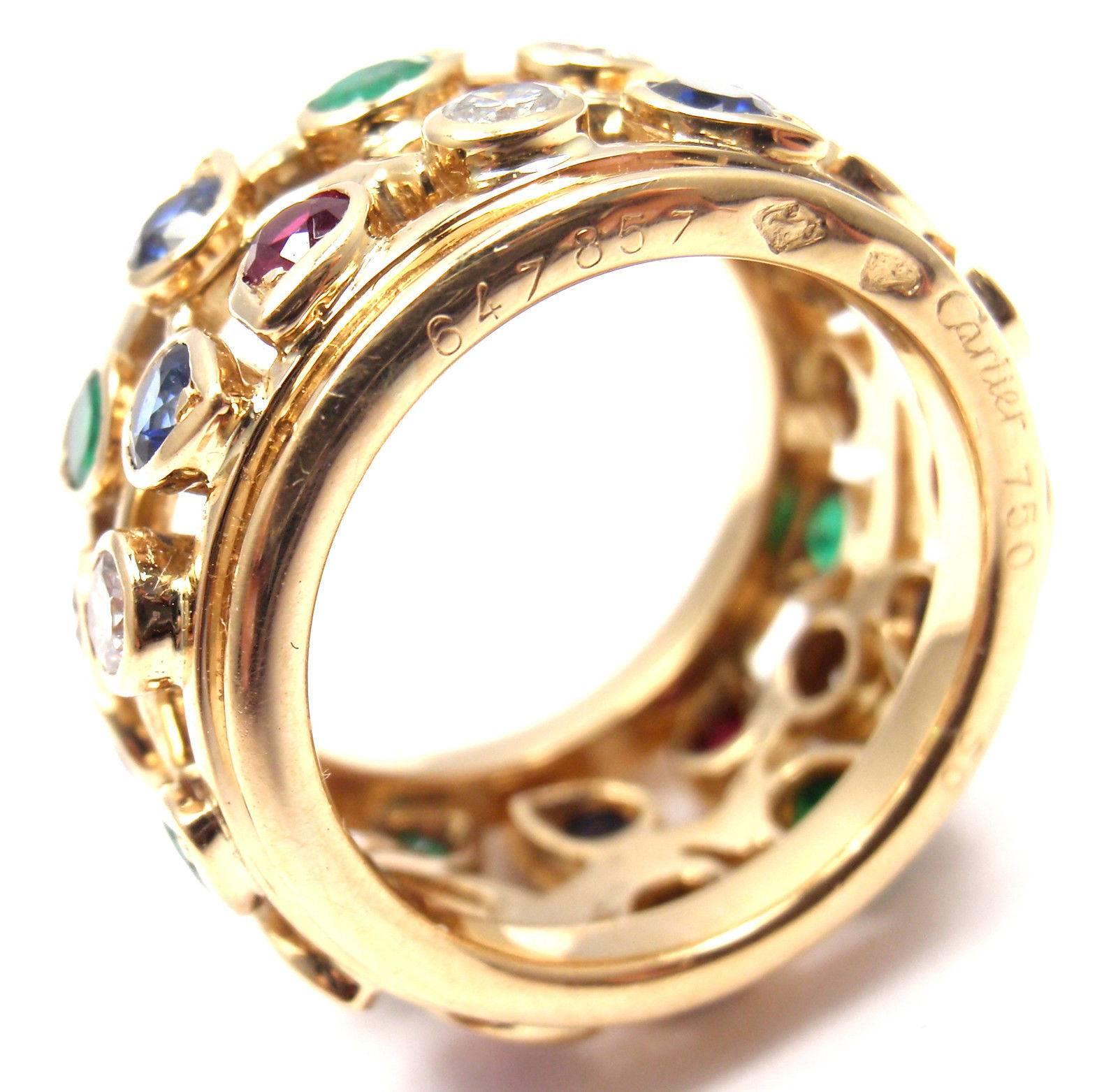 Women's or Men's Cartier Diamond Sapphire Emerald Ruby Wide Yellow Gold Band Ring