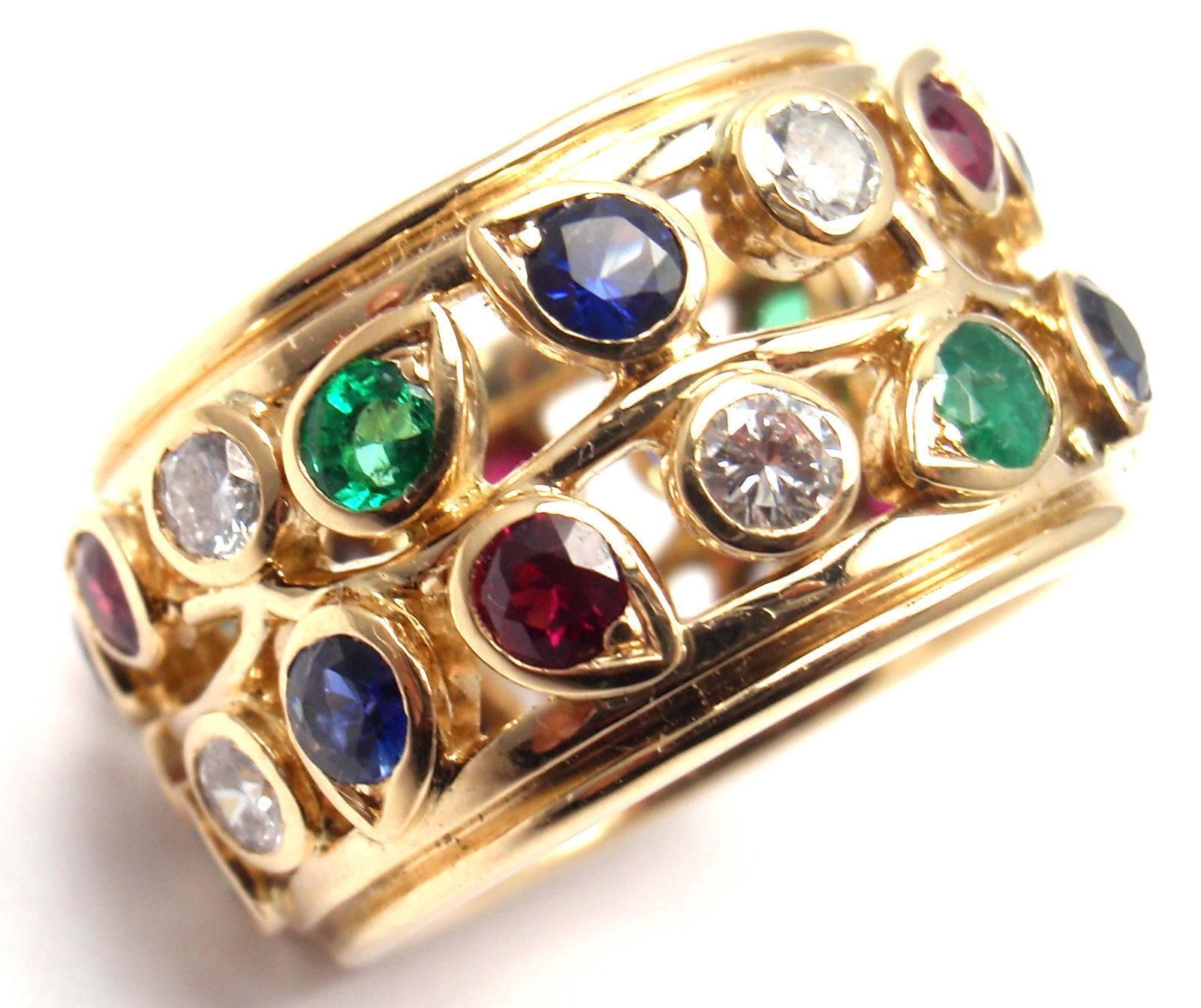 Cartier Diamond Sapphire Emerald Ruby Wide Yellow Gold Band Ring 1