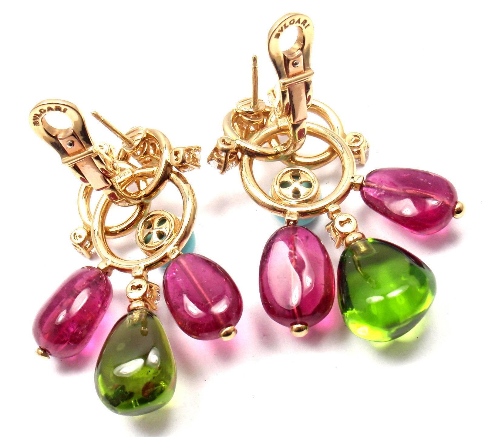 Bulgari Diamond Turquoise Pink and Green Tourmaline Yellow Gold Earrings In New Condition In Holland, PA