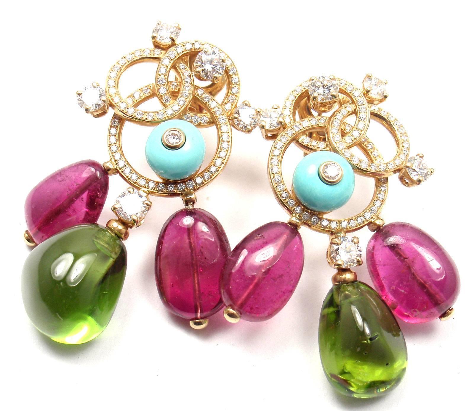 Bulgari Diamond Turquoise Pink and Green Tourmaline Yellow Gold Earrings 1