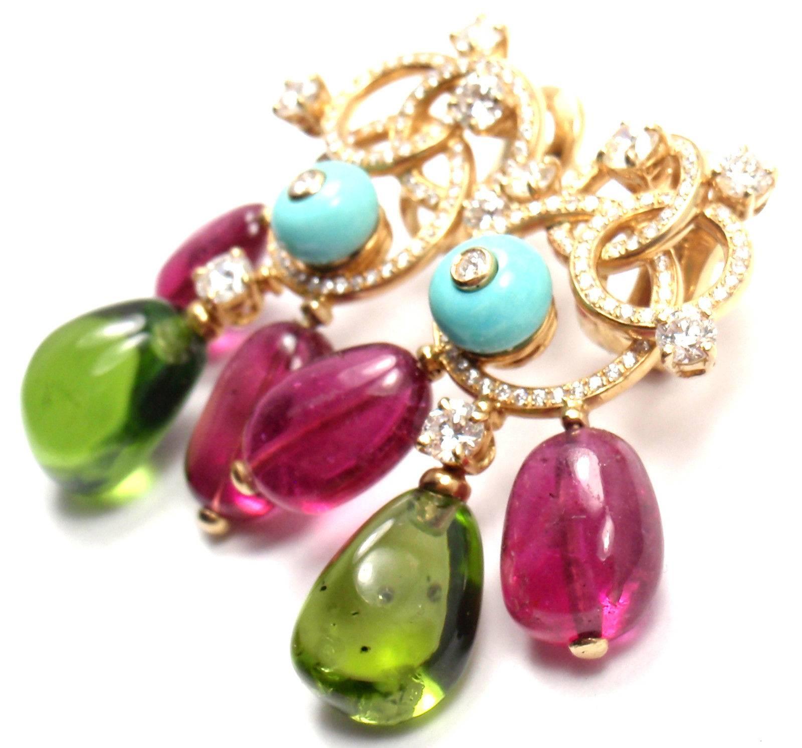 Bulgari Diamond Turquoise Pink and Green Tourmaline Yellow Gold Earrings 2