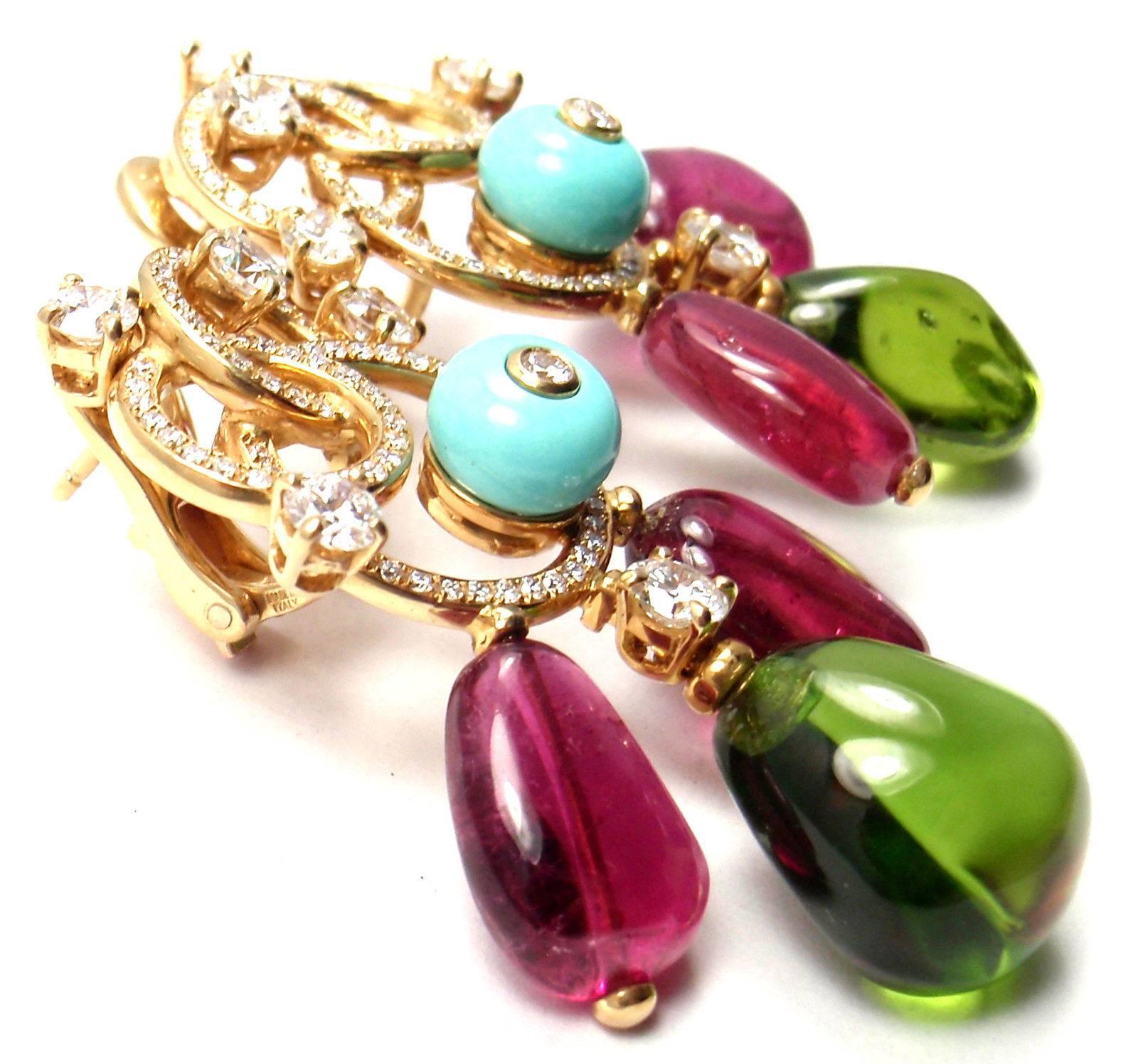 Bulgari Diamond Turquoise Pink and Green Tourmaline Yellow Gold Earrings 4