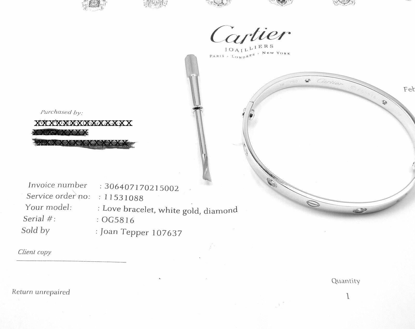 18k White Gold Cartier LOVE Bangle Bracelet, size 18.
With 4 brilliant round cut diamonds, VS1 clarity, E-F color total weight approx. .20ct
This bracelet comes with a Cartier box, screwdriver and service paper from Cartier store in