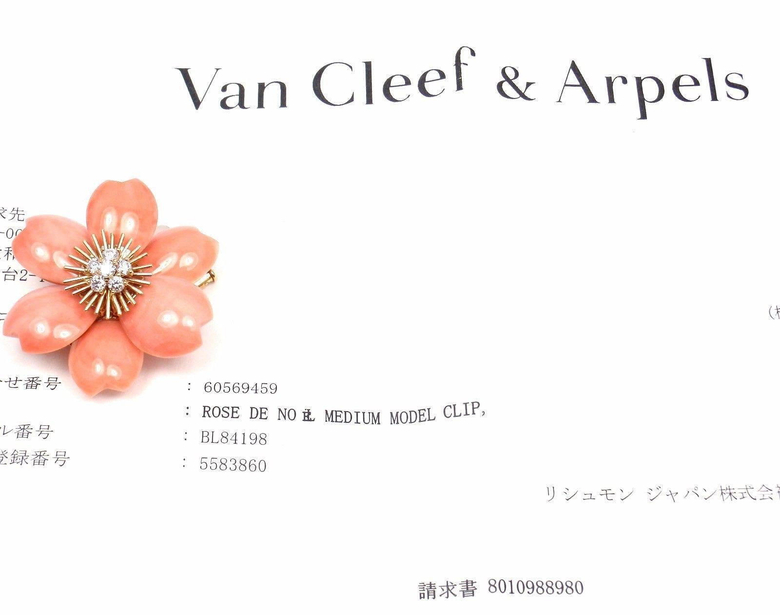 18k Yellow Gold Rose de Noel Diamond Coral Flower Medium Size Brooch by Van Cleef & Arpels. 
With 6 round brilliant cut diamonds VVS1 clarity, E color total weight approx. .48ct
6 coral stones
This brooch comes with Van Cleef & Arpels service