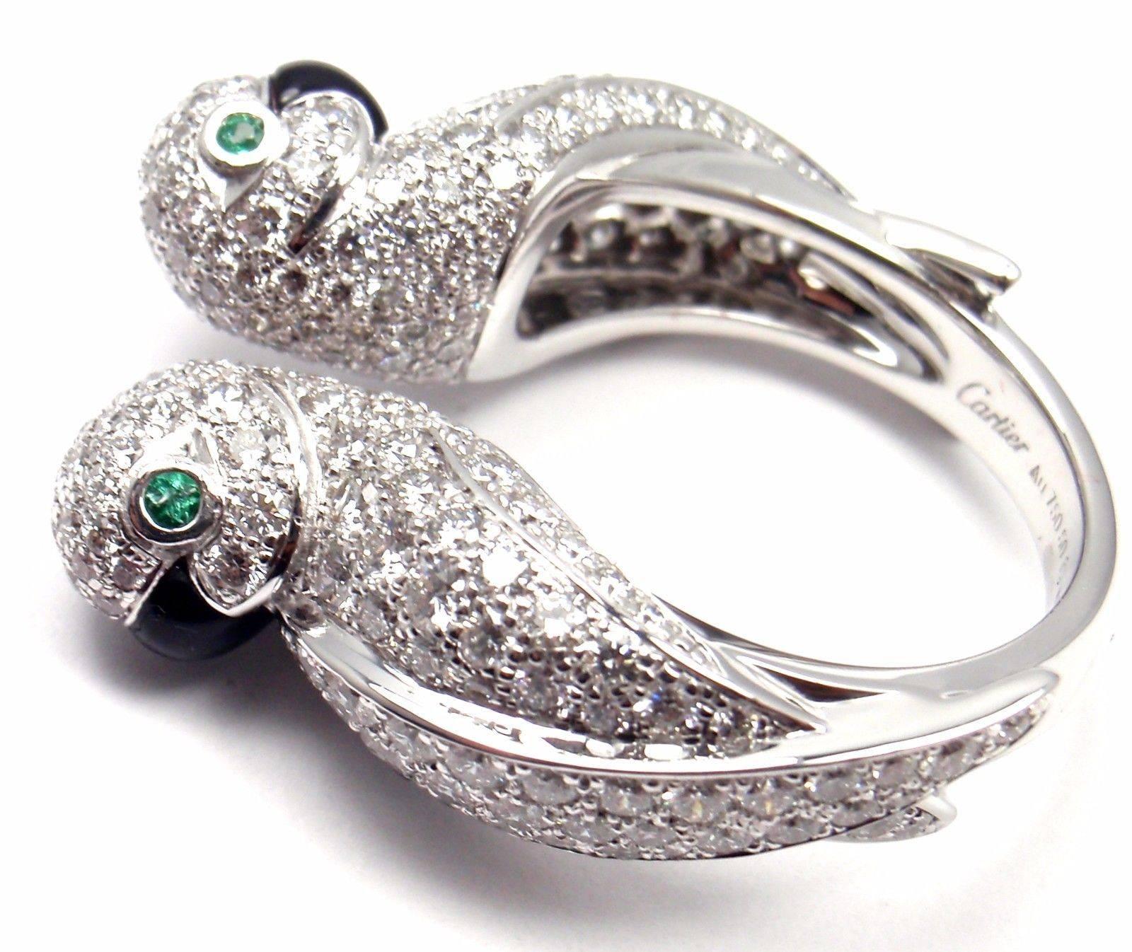 Women's or Men's Cartier Les Oiseaux Libérés Diamond Emerald Onyx Love Birds White Gold Ring