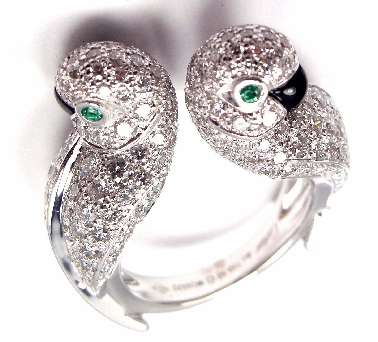 Cartier Les Oiseaux Libérés Diamond Emerald Onyx Love Birds White Gold Ring 2