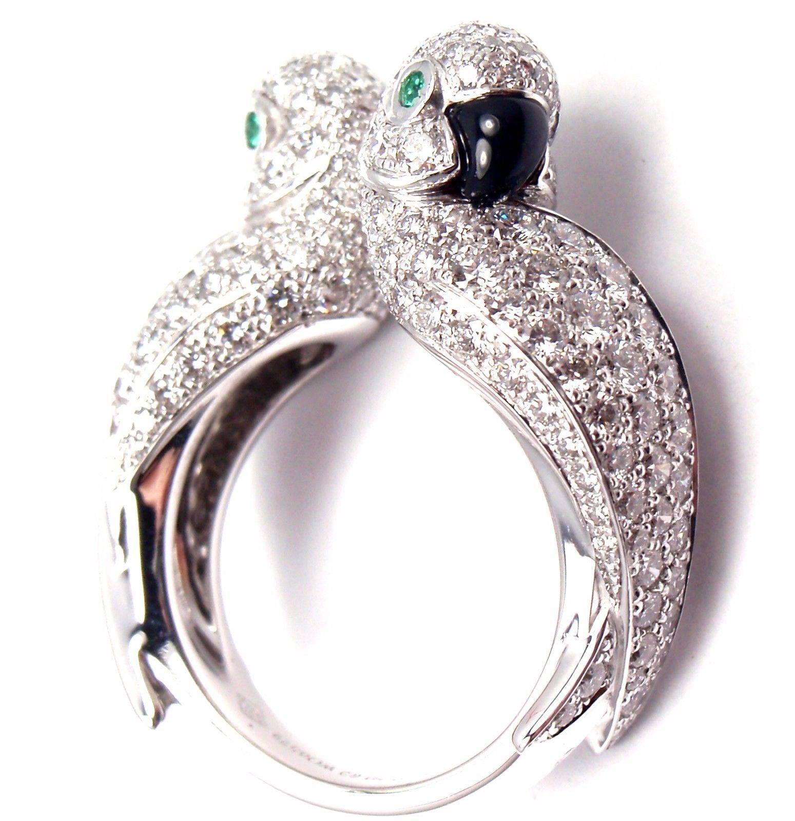Cartier Les Oiseaux Libérés Diamond Emerald Onyx Love Birds White Gold Ring In New Condition In Holland, PA