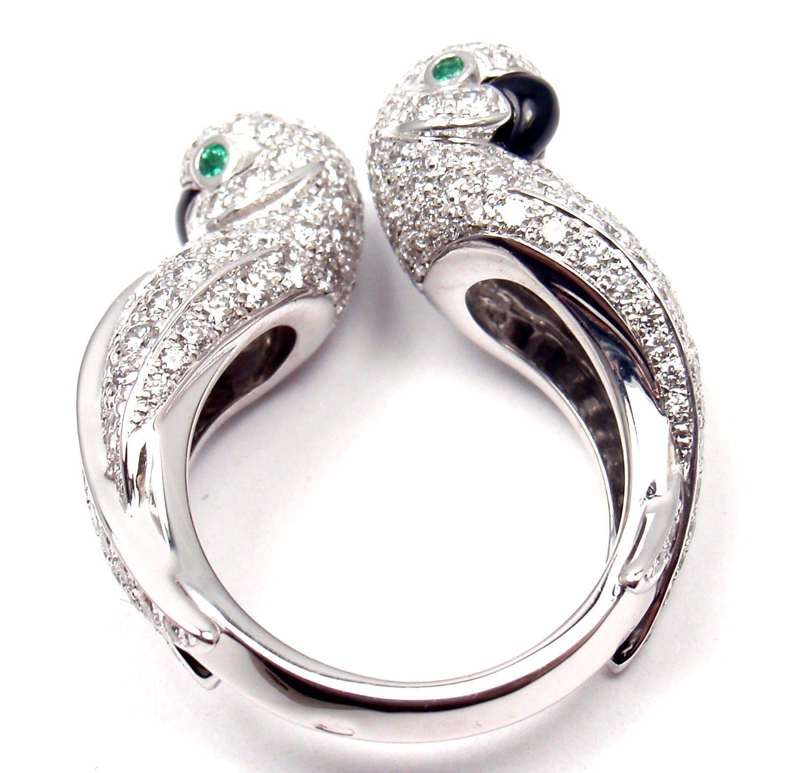 Cartier Les Oiseaux Libérés Diamond Emerald Onyx Love Birds White Gold Ring 1