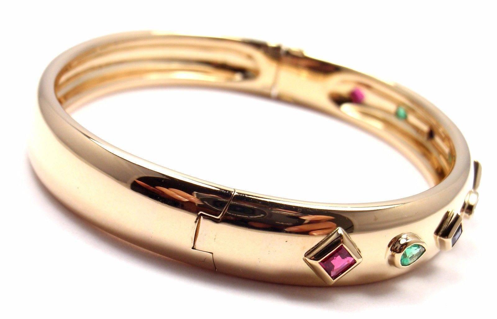 Cartier Sapphire Emerald Ruby Yellow Gold Bangle Bracelet In New Condition In Holland, PA