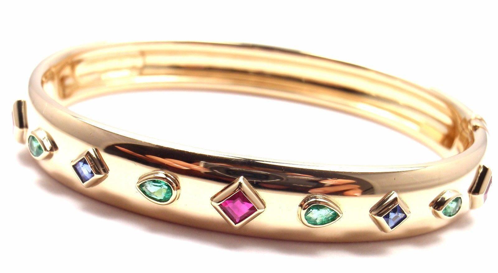 Women's or Men's Cartier Sapphire Emerald Ruby Yellow Gold Bangle Bracelet