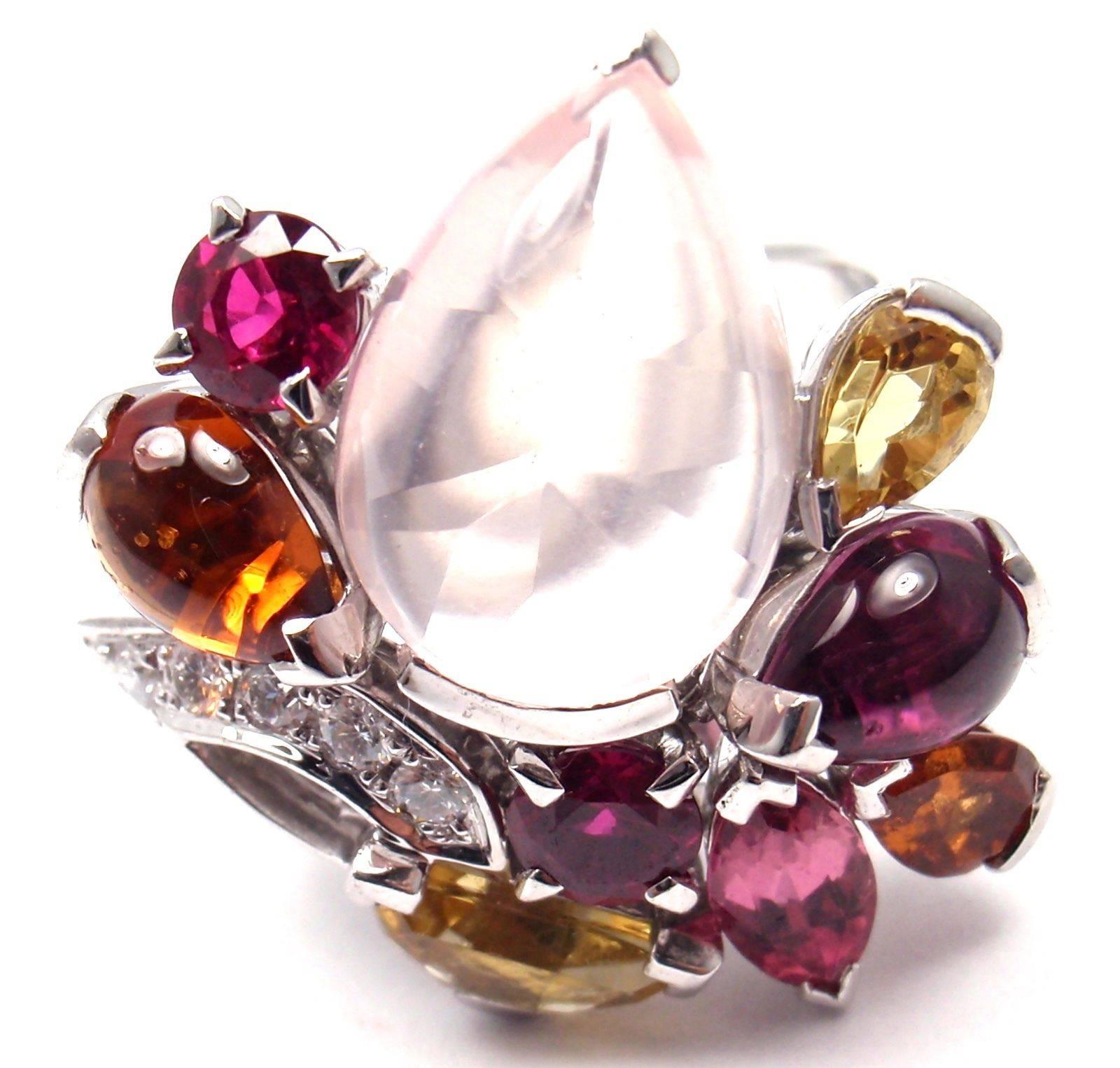 18k White Gold Diamond Pink Quartz Tourmaline Sorbet Ring by Cartier. 
With 1 pear shape large pink quartz stone 15mm x 10mm

 9 round brilliant cut diamonds VVS1 clarity, G color total weight approx. .25ct

Sapphire, Ruby and Tourmaline
This ring