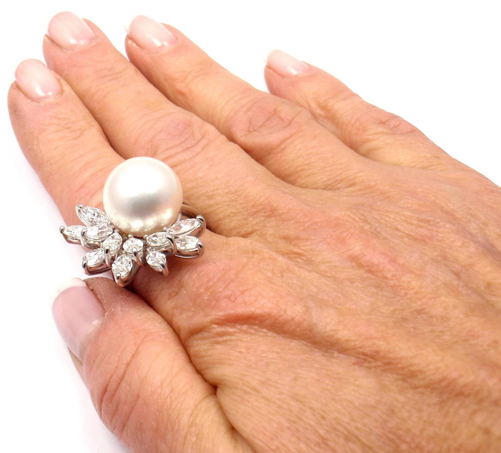 1960s Diamond South Sea Pearl Platinum Cocktail Ring 3