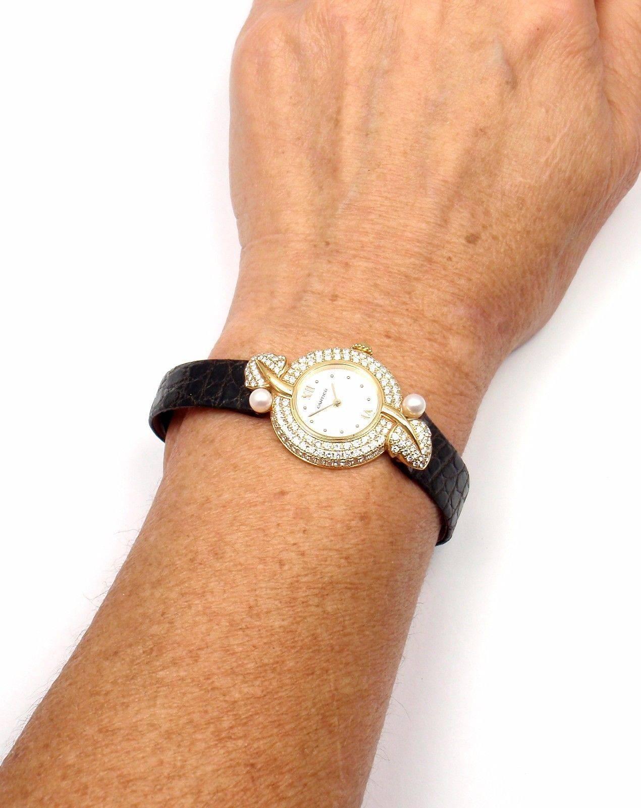 Cartier Ladies Yellow Gold Diamond Pearl Quartz Wristwatch 5