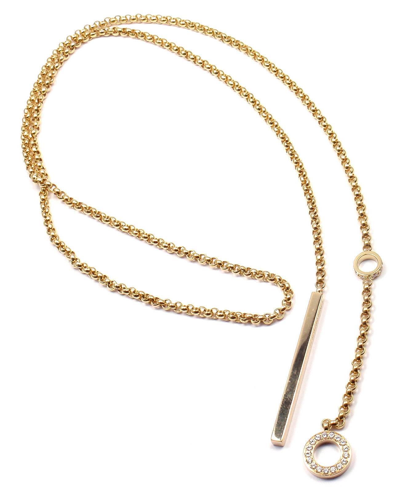 18k Yellow Gold Diamond Lariat Long Possession Necklace by Piaget. 
With 27 round brilliant cut diamonds VVS2 clarity, E color total weight approx. .39ct
This necklace comes with the box.
Retail Price: $6,300 plus tax.

Details: 
Length: 26