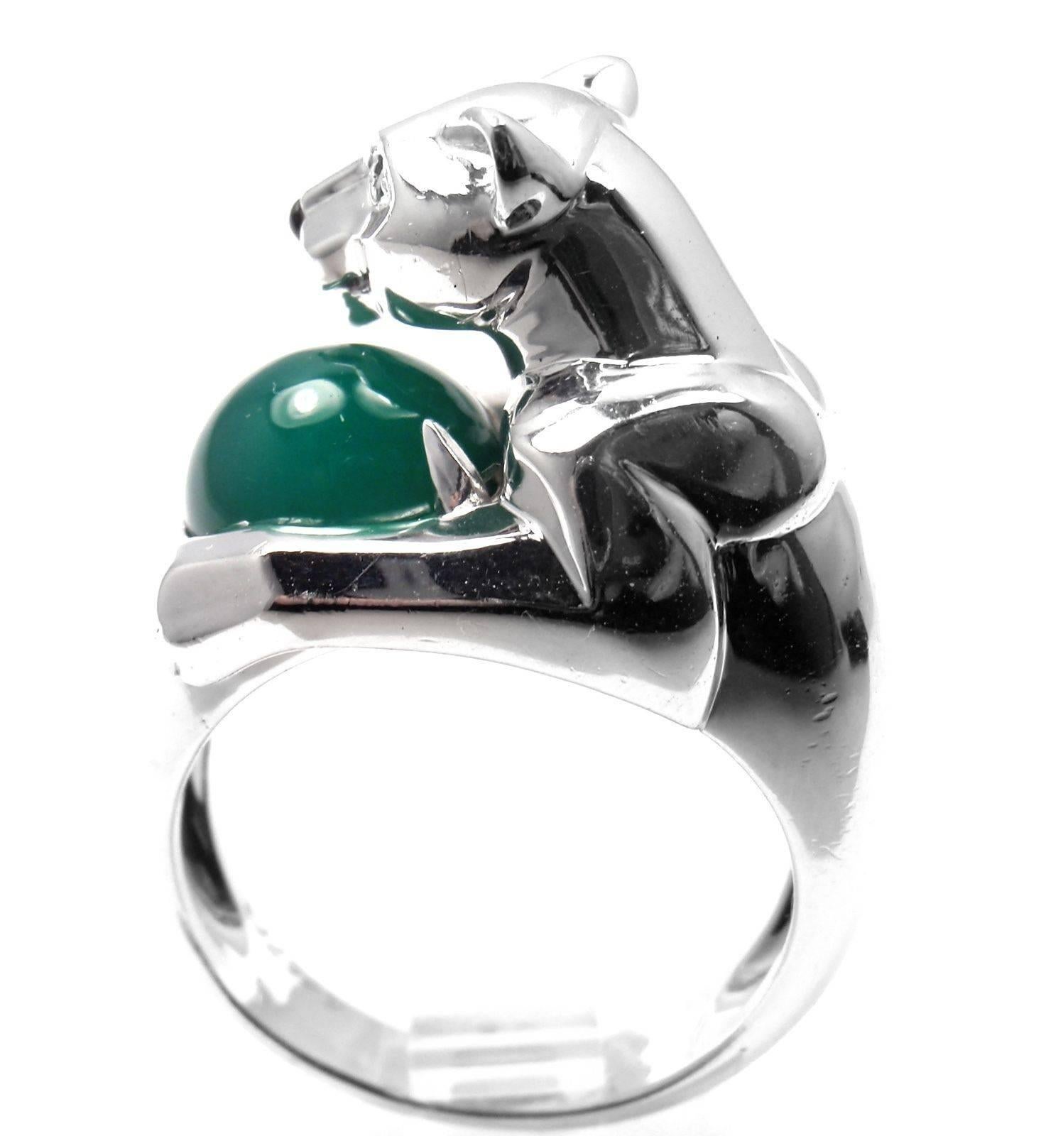 Cartier Panthere Green Chalcedony Emerald Onyx White Gold Ring In New Condition In Holland, PA