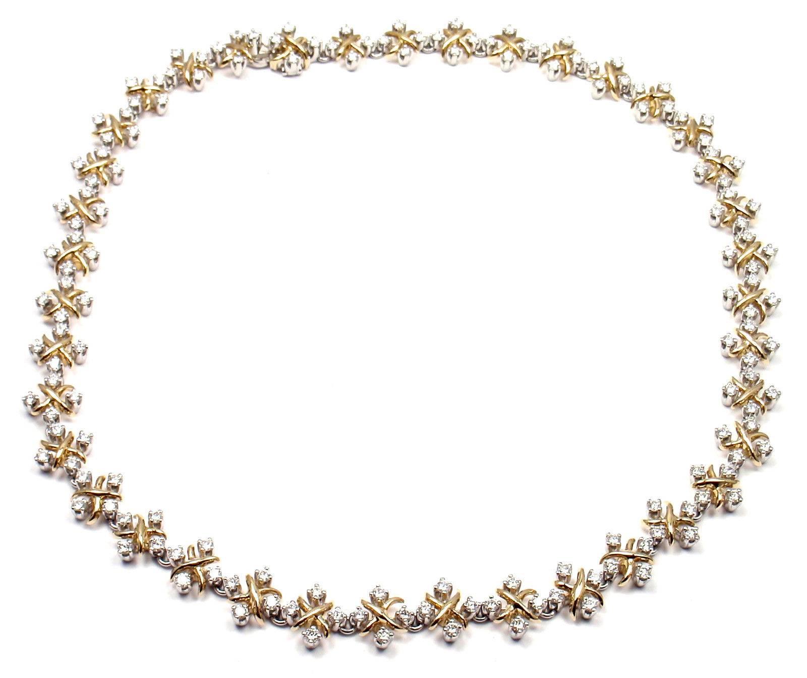 18k Yellow Gold & Platinum Diamond Lynn Necklace by Tiffany & Co. 
With 156 round brilliant cut diamonds VS1 clarity G color 
total weight approx. 5.29ct
This necklace comes with Tiffany Co service paper.

Details: 
Weight: 60.9 grams
Width: