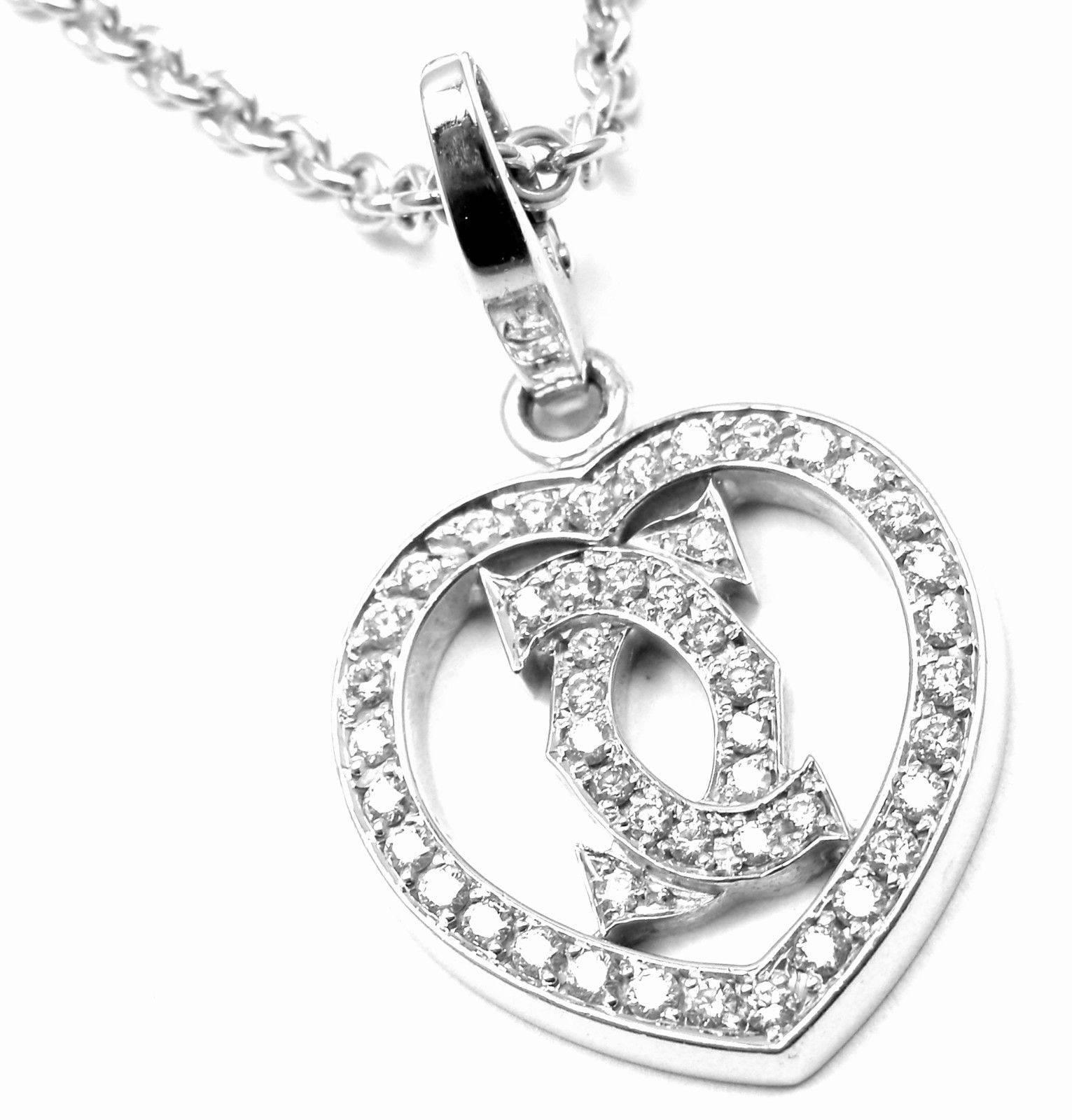 Cartier Diamond Heart Double C White Gold Pendant Necklace In New Condition In Holland, PA